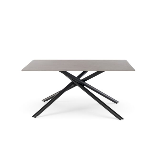 Tavolo MACINAGGIO con piano in ceramica effetto pietra grigio e gambe incrociate in metallo nero, 160x90x76 cm