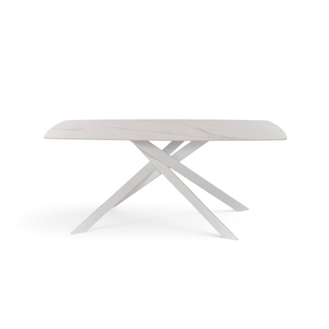 Tavolo SAINT FLORENT con piano in ceramica effetto calacatta oro e gambe incrociate in metallo verniciato bianco, 180x90x76 cm