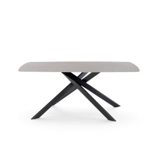 Tavolo SAINT FLORENT con piano in ceramica effetto pietra grigio e gambe incrociate in metallo verniciato nero, 180x90x76 cm