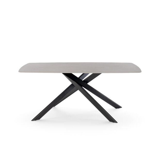 Tavolo SAINT FLORENT con piano in ceramica effetto pietra grigio e gambe incrociate in metallo verniciato nero, 180x90x76 cm