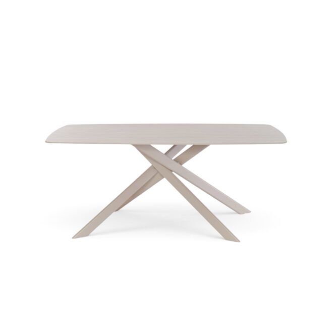 Tavolo SAINT FLORENT con piano in ceramica effetto travertino e gambe incrociate in metallo verniciato beige, 180x90x76 cm
