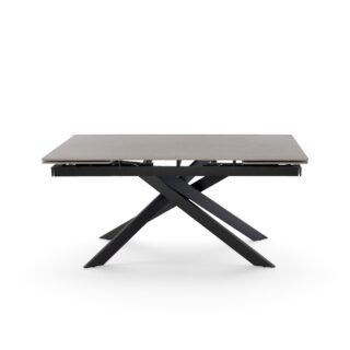Tavolo allungabile BEVERLY HILLS con piano in ceramica effetto pietra grigio e gambe incrociate in metallo verniciato nero, 160x90x76 cm - 240x90x76 cm