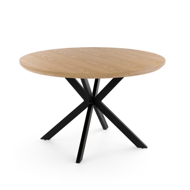 Tavolo rotondo GIRAGLIA in legno impiallacciato rovere e gambe a X in metallo verniciato nero, Ø120xH76 cm