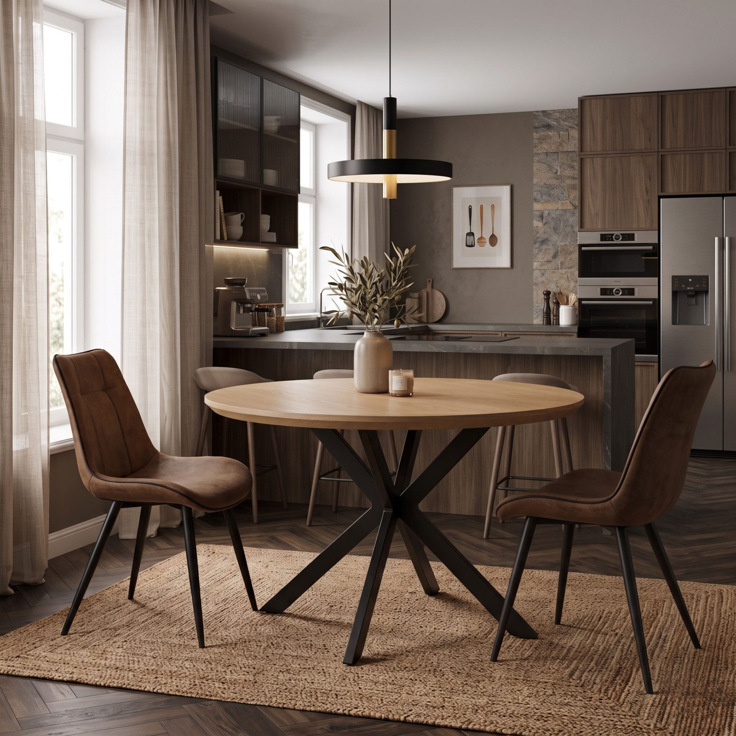 Tavolo rotondo GIRAGLIA in legno impiallacciato rovere e gambe a X in metallo verniciato nero, Ø100xH76 cm