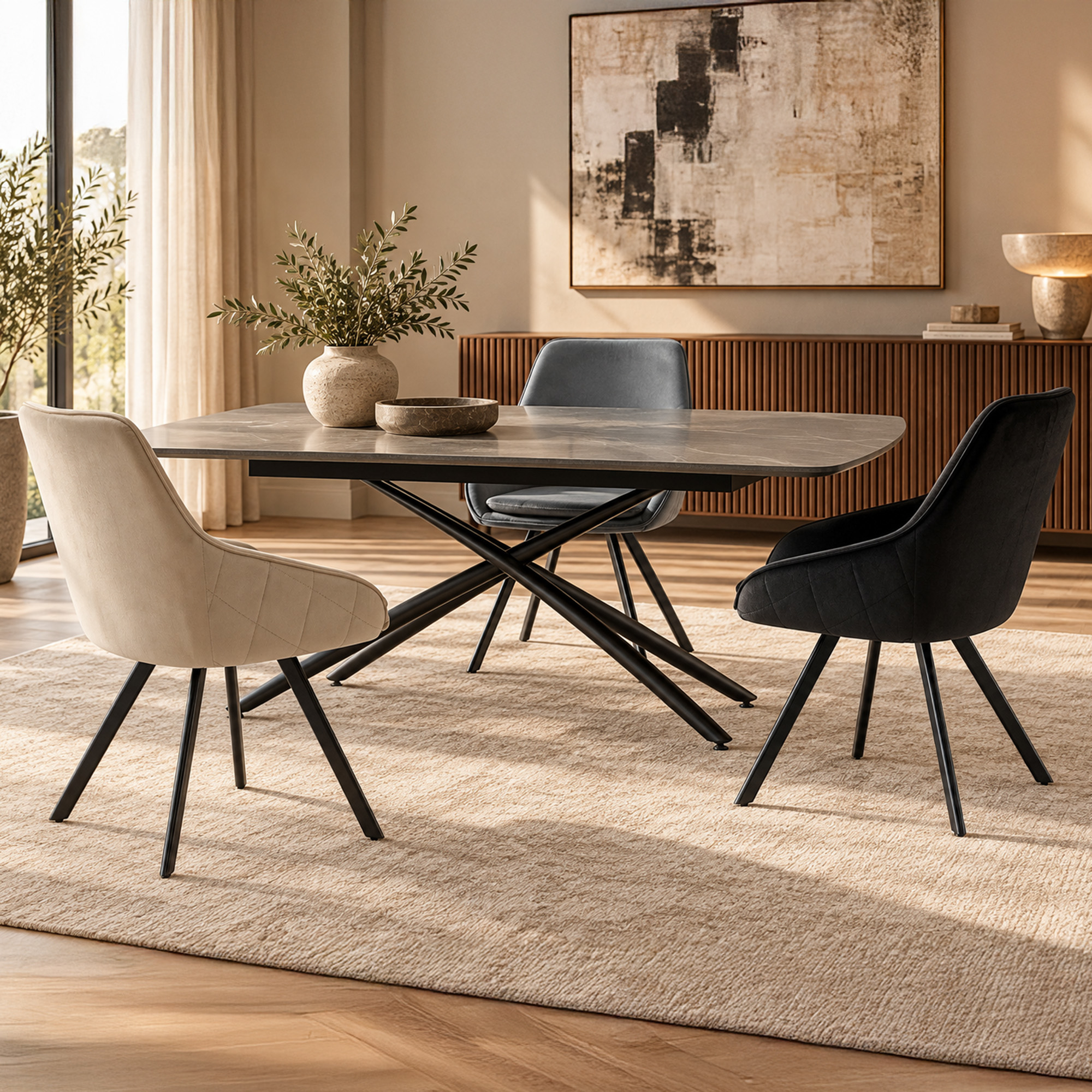 Set di 2 sedie TOLEDO in tessuto effetto velluto beige e gambe nere