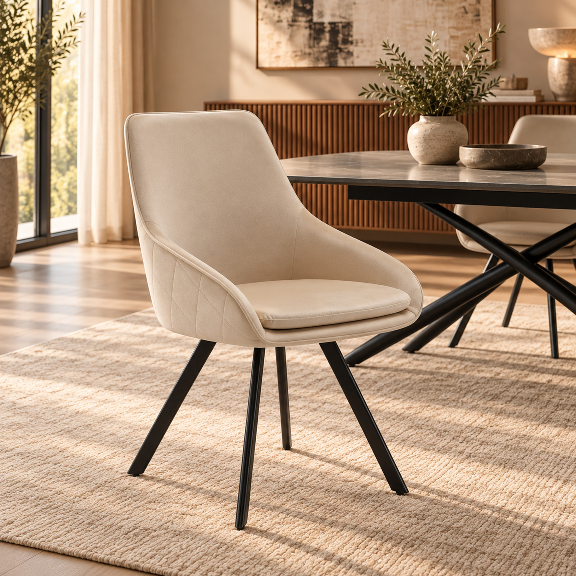 Set di 2 sedie TOLEDO in tessuto effetto velluto beige e gambe nere