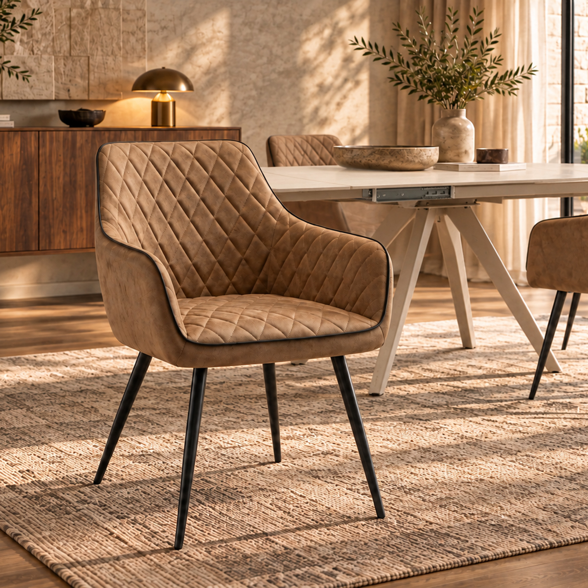Set di 2 poltroncine LEON in similpelle cammello e gambe nere