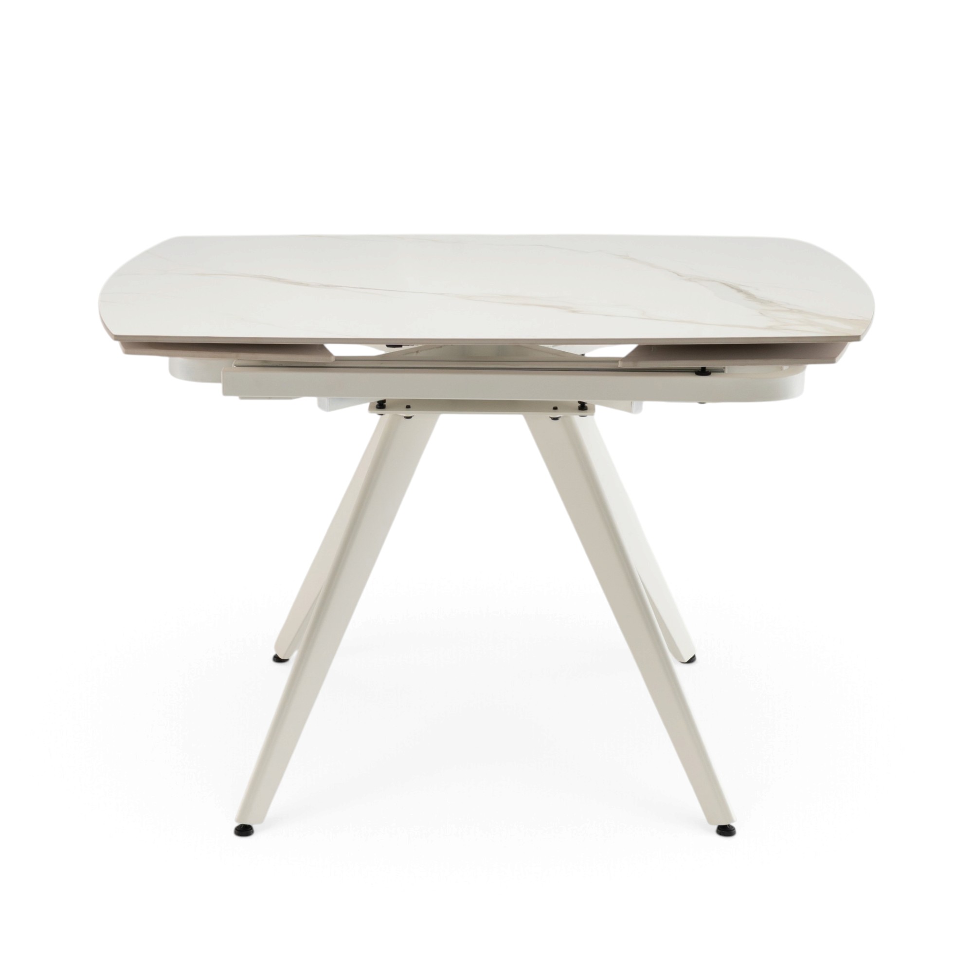 Tavolo LAVEZZI in ceramica, finitura effetto calacatta oro e gambe in metallo bianche, allungabile 120×80 – 180×80 cm