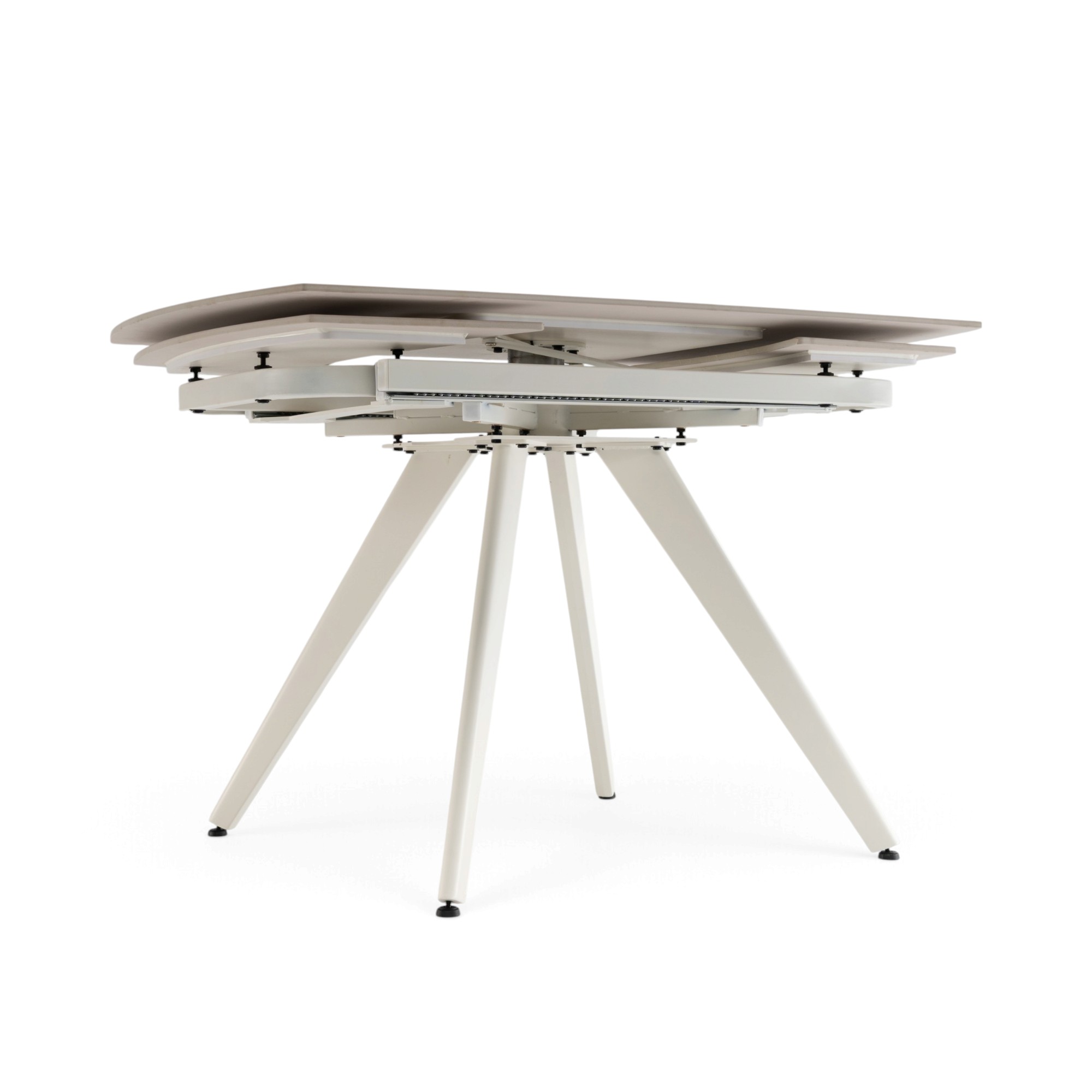 Tavolo LAVEZZI in ceramica, finitura effetto calacatta oro e gambe in metallo bianche, allungabile 120×80 – 180×80 cm