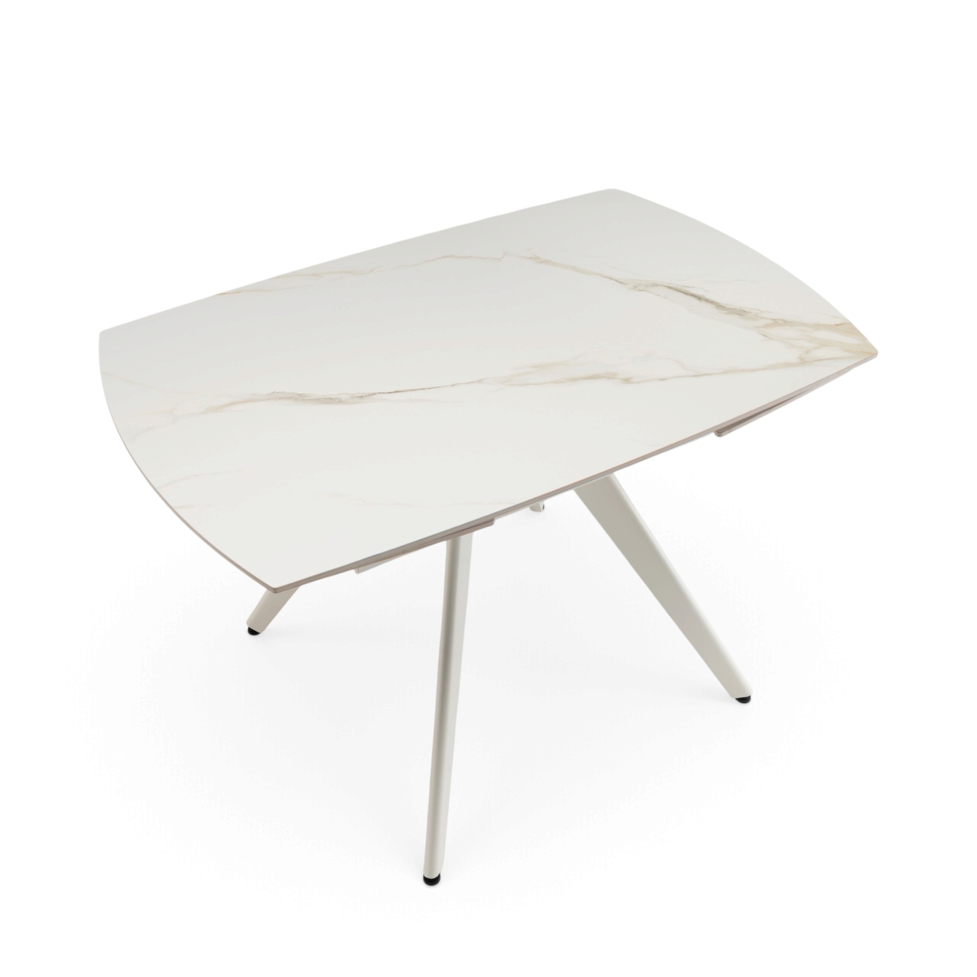 Tavolo LAVEZZI in ceramica, finitura effetto calacatta oro e gambe in metallo bianche, allungabile 120×80 – 180×80 cm