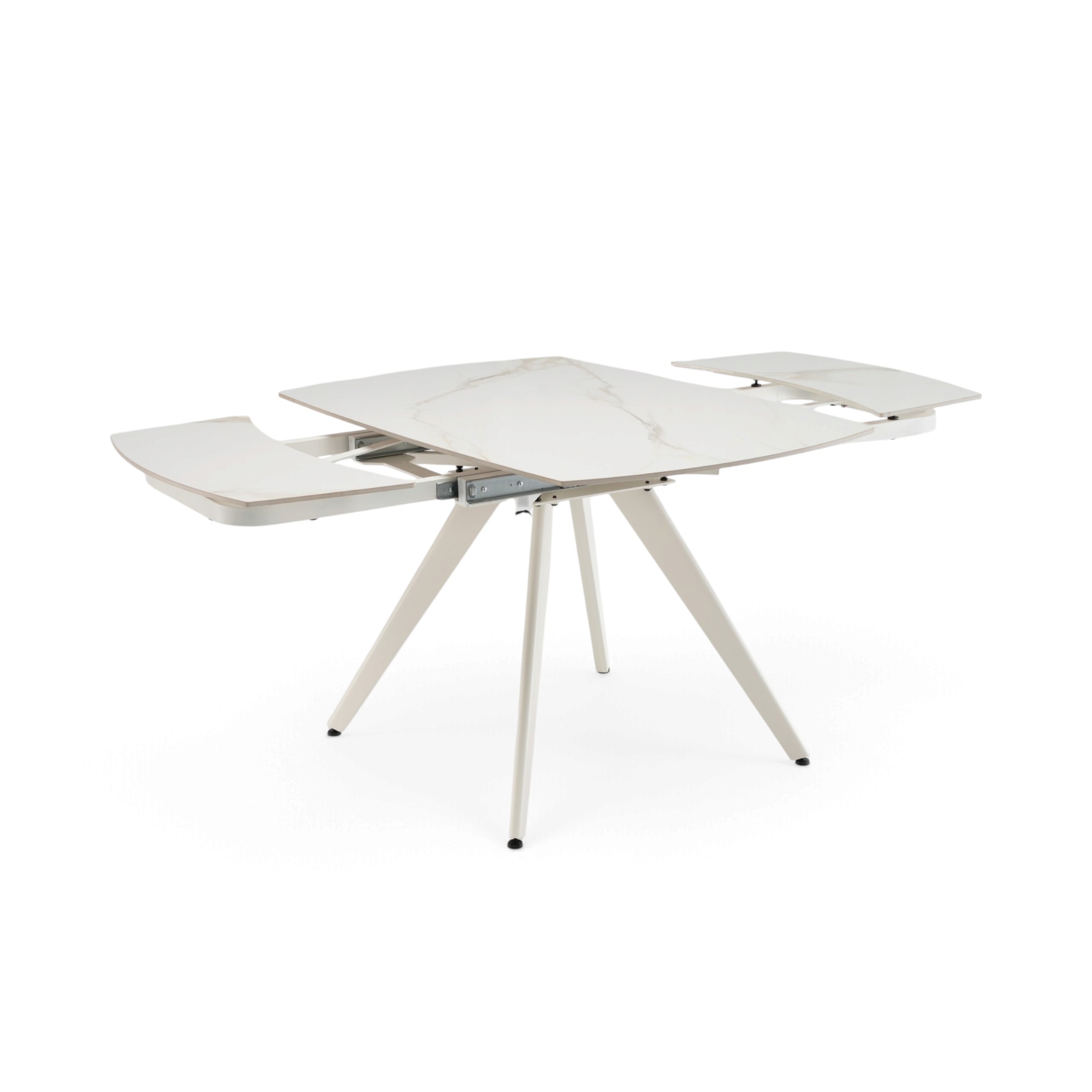Tavolo LAVEZZI in ceramica, finitura effetto calacatta oro e gambe in metallo bianche, allungabile 120×80 – 180×80 cm
