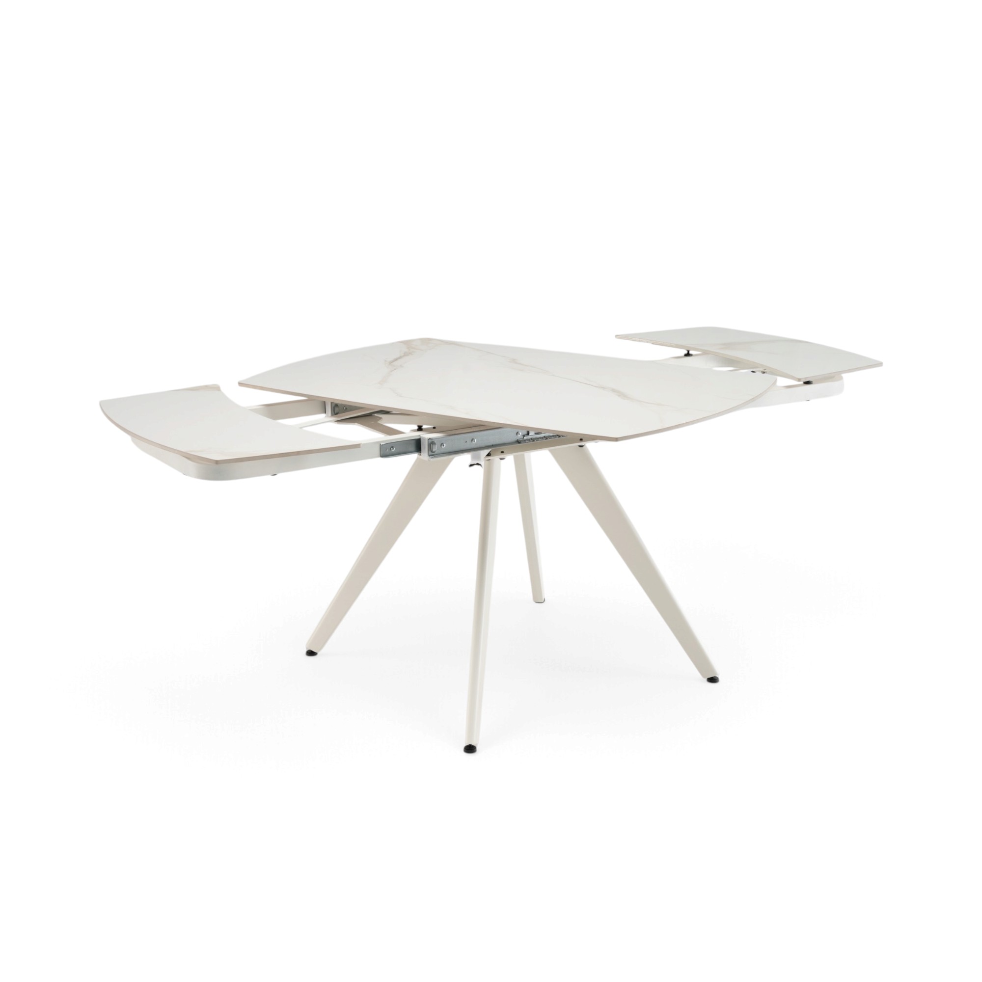 Tavolo LAVEZZI in ceramica, finitura effetto calacatta oro e gambe in metallo bianche, allungabile 120×80 – 180×80 cm