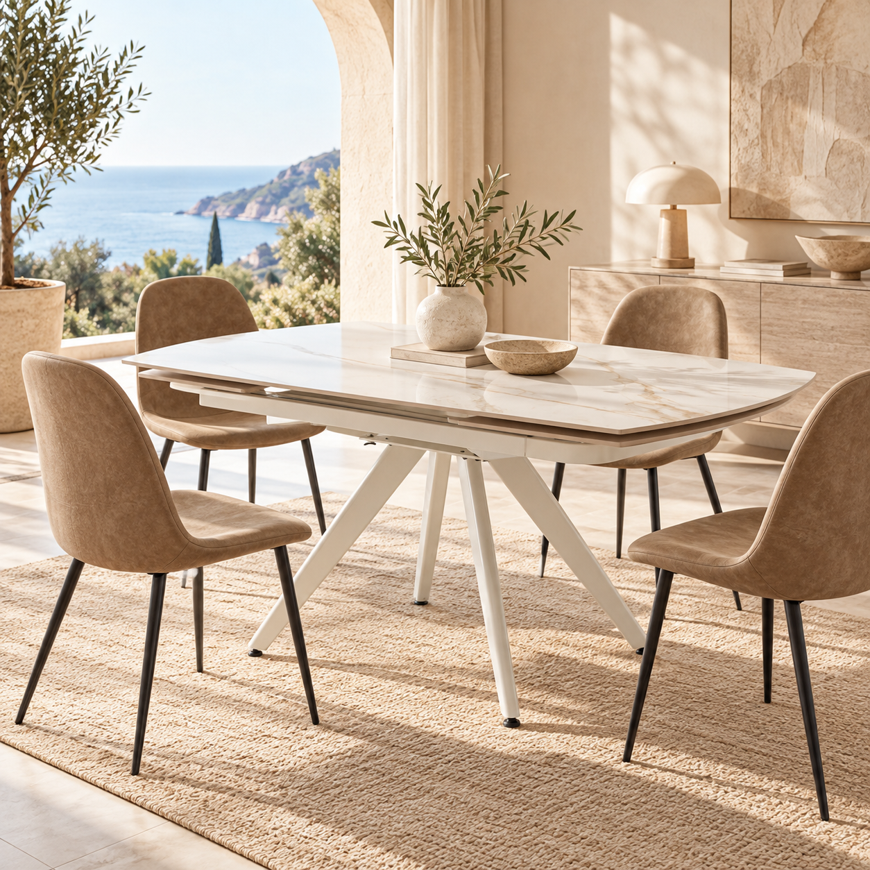 Tavolo LAVEZZI in ceramica, finitura effetto calacatta oro e gambe in metallo bianche, allungabile 120×80 – 180×80 cm