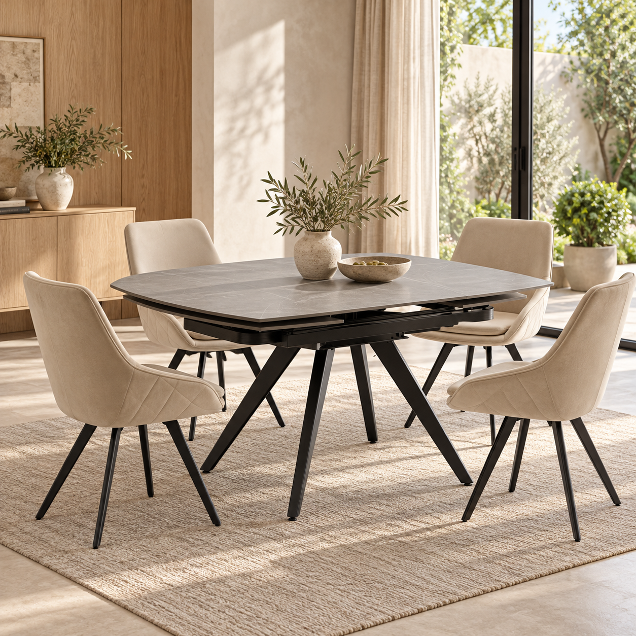 Tavolo LAVEZZI in ceramica, finitura effetto pietra grigio e gambe in metallo nere, allungabile 120×80 – 180×80 cm