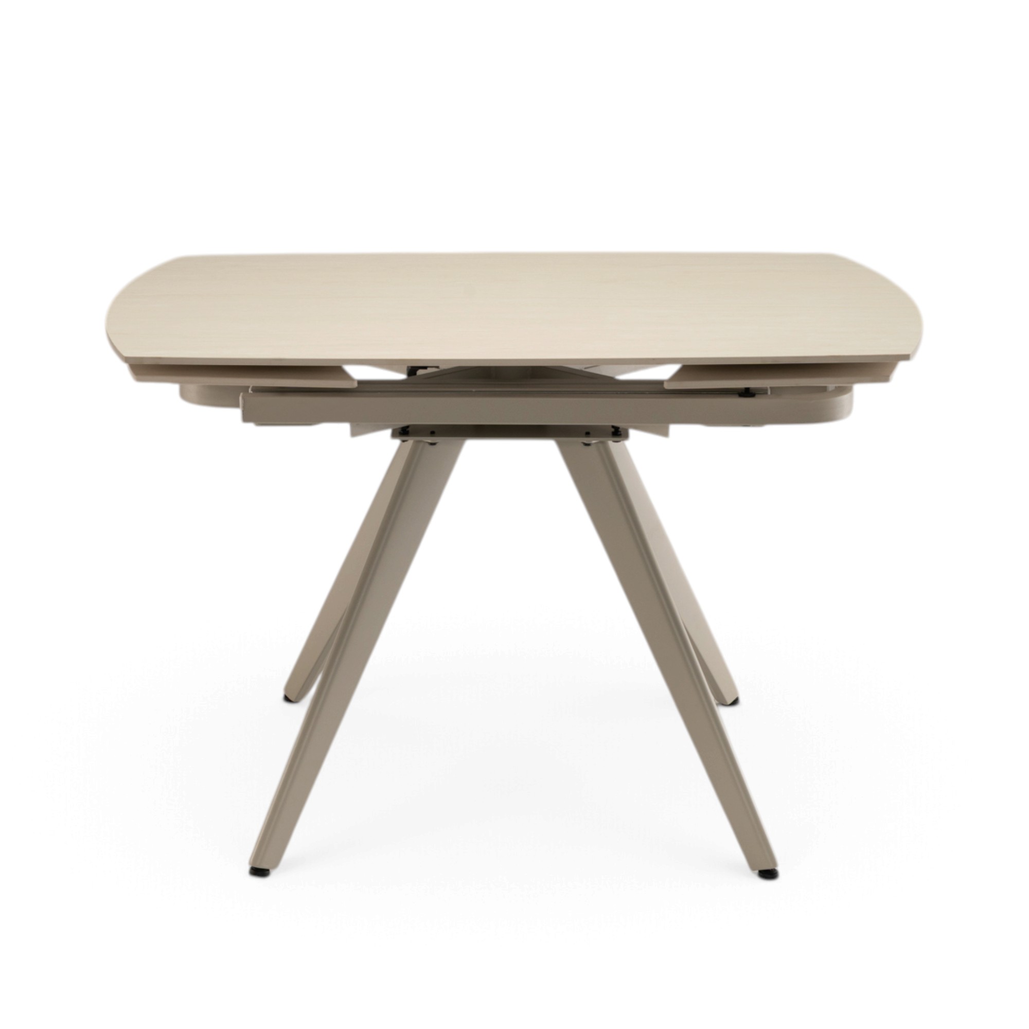 Tavolo LAVEZZI in ceramica, finitura effetto travertino e gambe in metallo beige, allungabile 120×80 – 180×80 cm