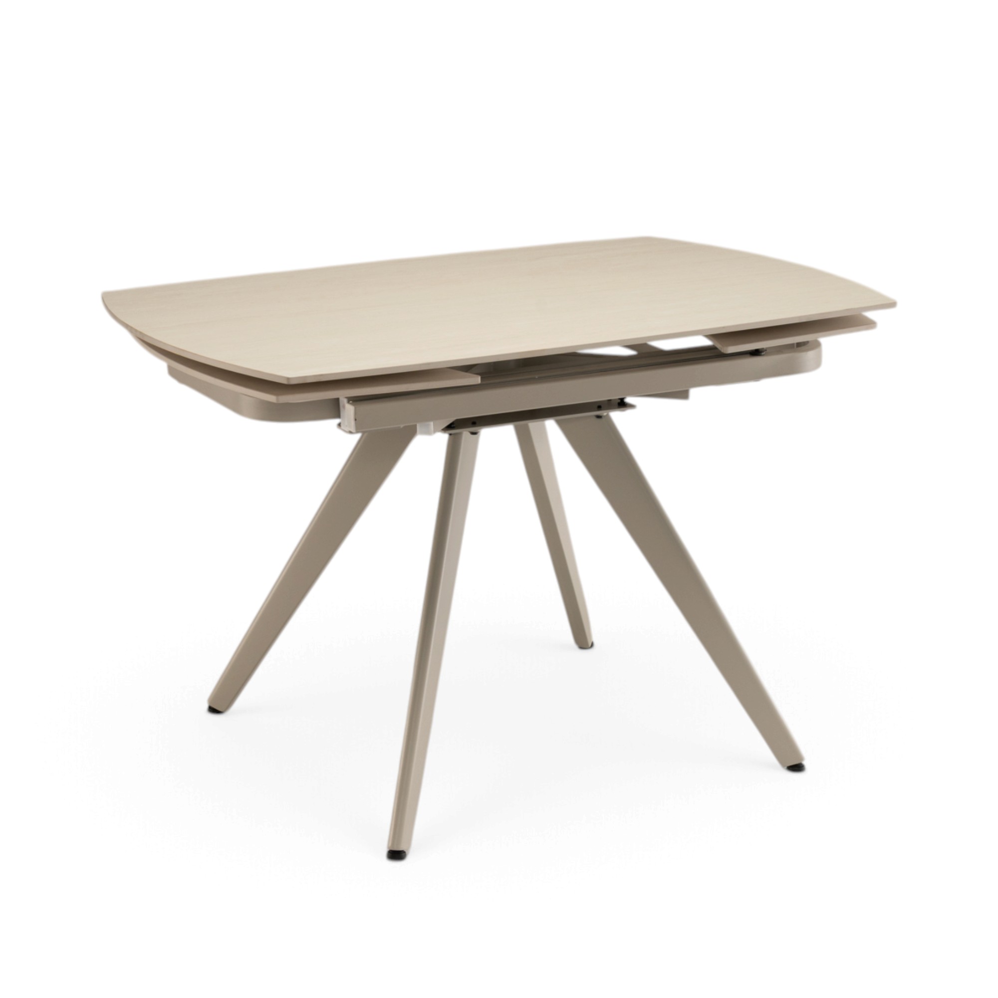Tavolo LAVEZZI in ceramica, finitura effetto travertino e gambe in metallo beige, allungabile 120×80 – 180×80 cm