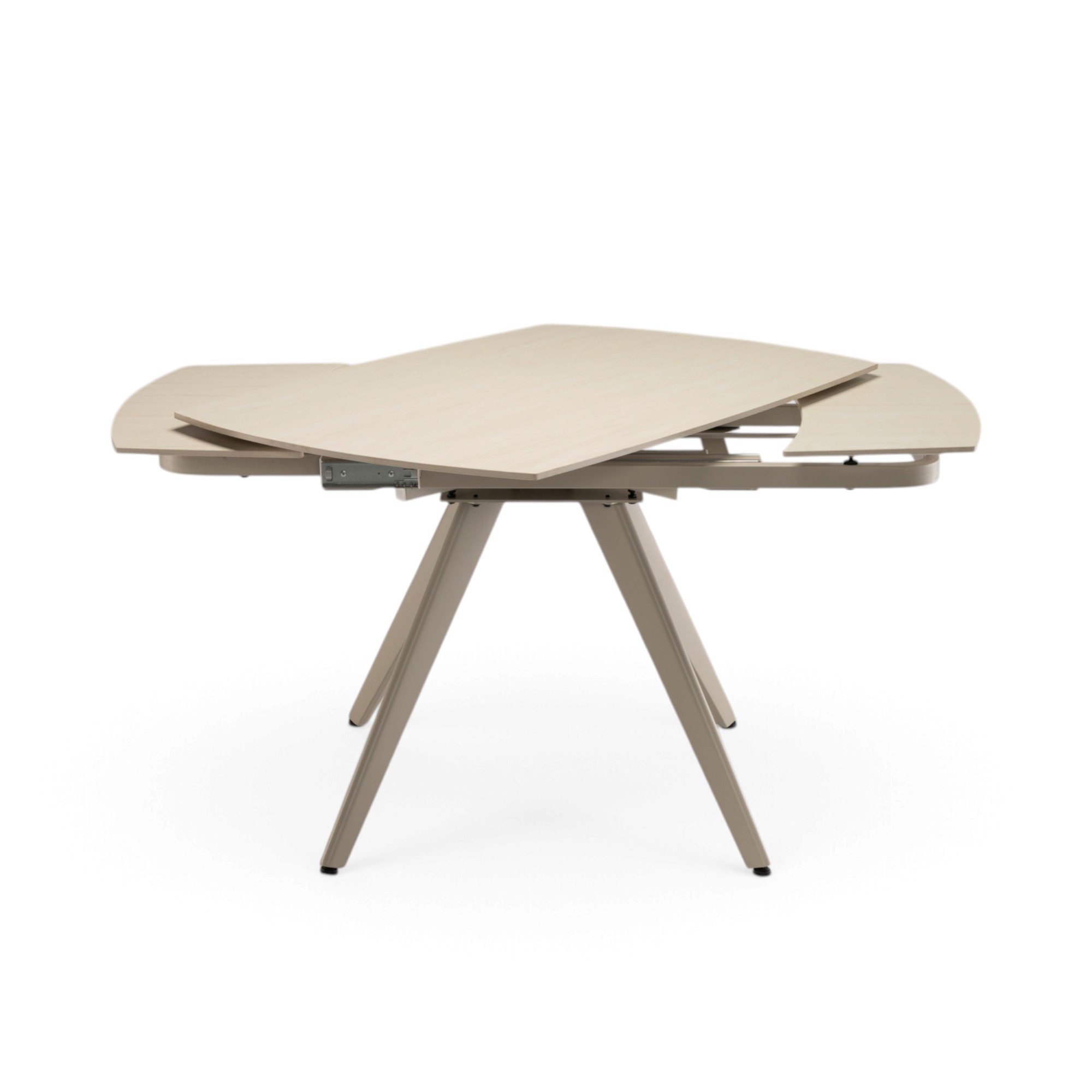 Tavolo LAVEZZI in ceramica, finitura effetto travertino e gambe in metallo beige, allungabile 120×80 – 180×80 cm
