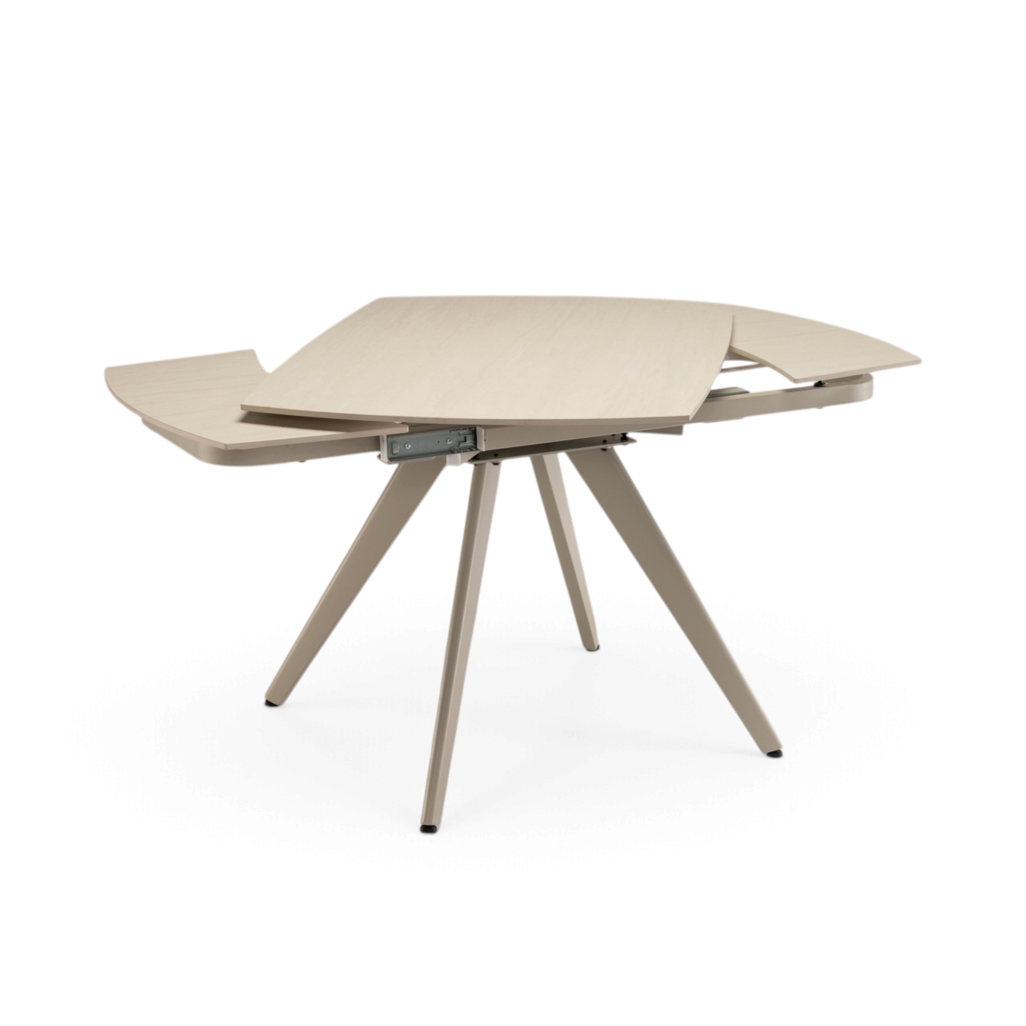 Tavolo LAVEZZI in ceramica, finitura effetto travertino e gambe in metallo beige, allungabile 120×80 – 180×80 cm
