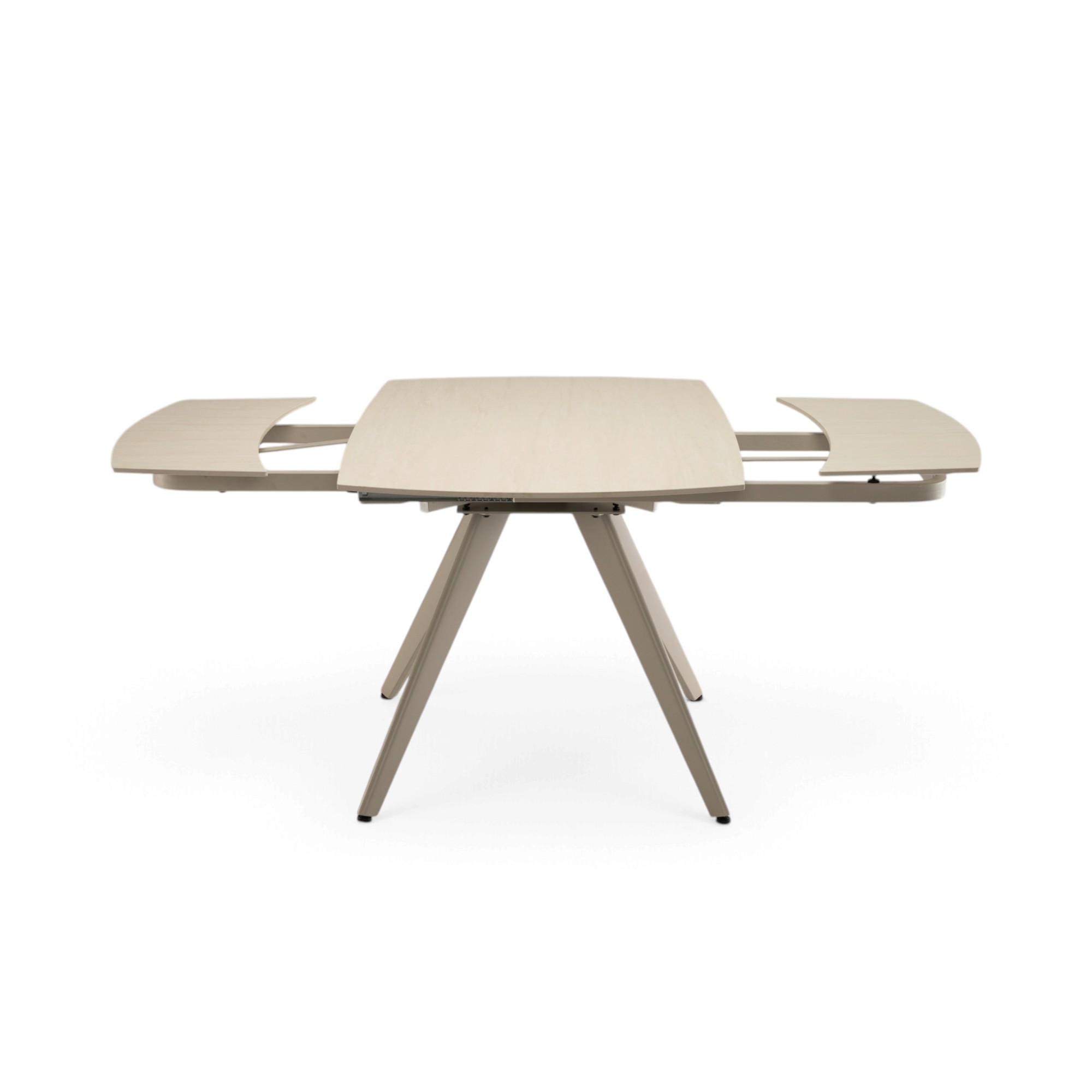 Tavolo LAVEZZI in ceramica, finitura effetto travertino e gambe in metallo beige, allungabile 120×80 – 180×80 cm