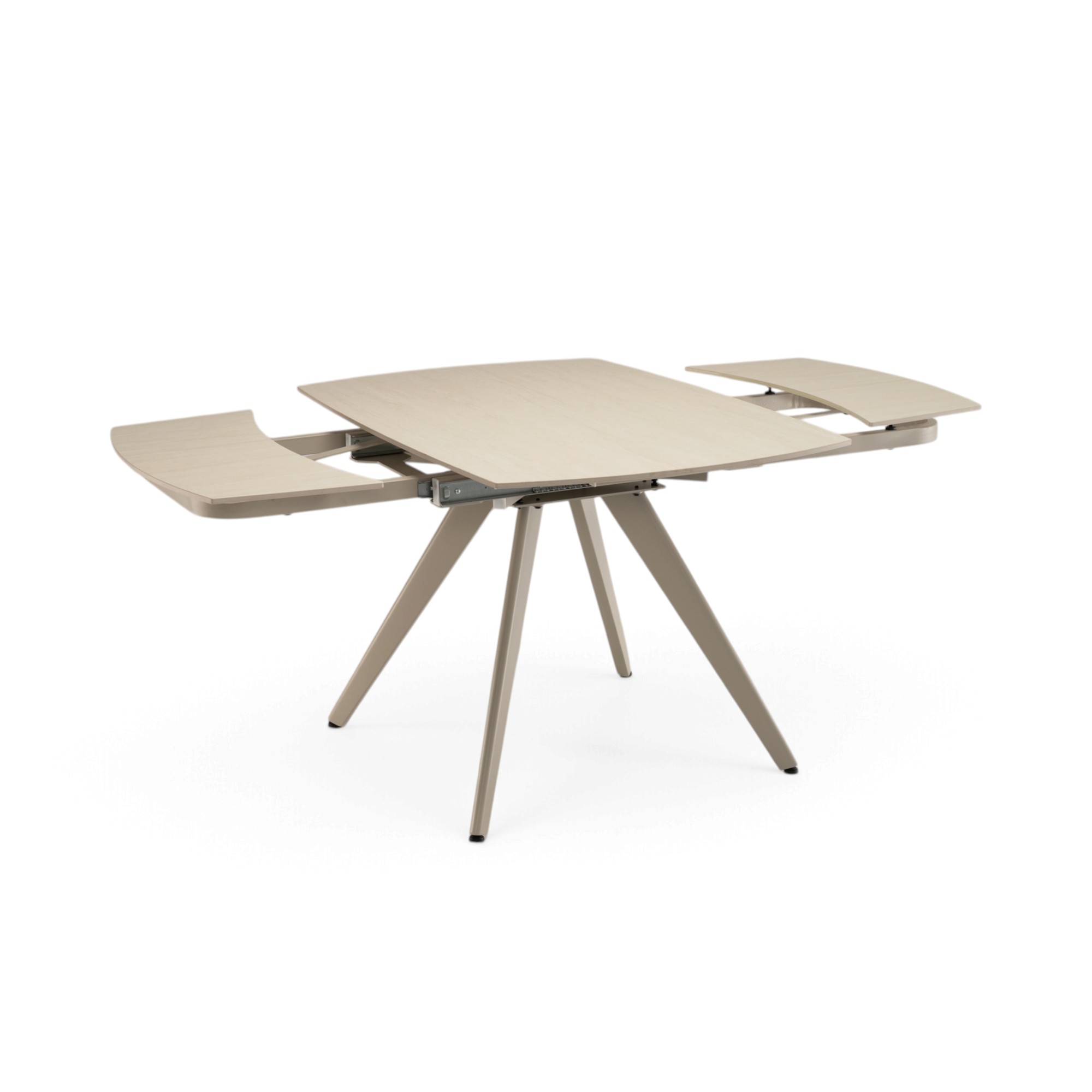 Tavolo LAVEZZI in ceramica, finitura effetto travertino e gambe in metallo beige, allungabile 120×80 – 180×80 cm