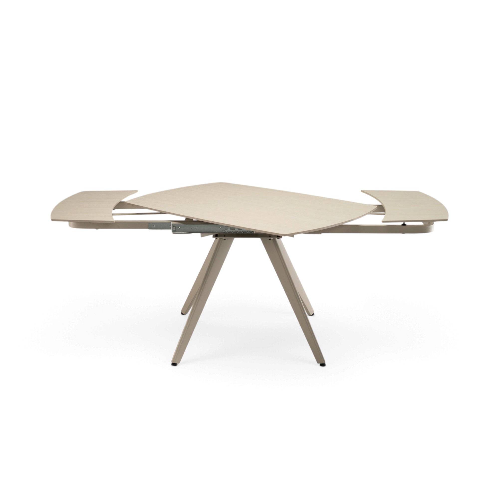 Tavolo LAVEZZI in ceramica, finitura effetto travertino e gambe in metallo beige, allungabile 120×80 – 180×80 cm