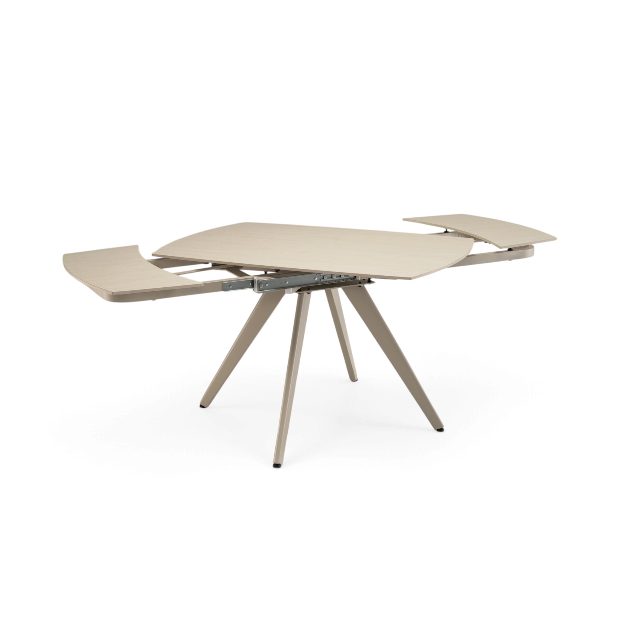 Tavolo LAVEZZI in ceramica, finitura effetto travertino e gambe in metallo beige, allungabile 120×80 – 180×80 cm