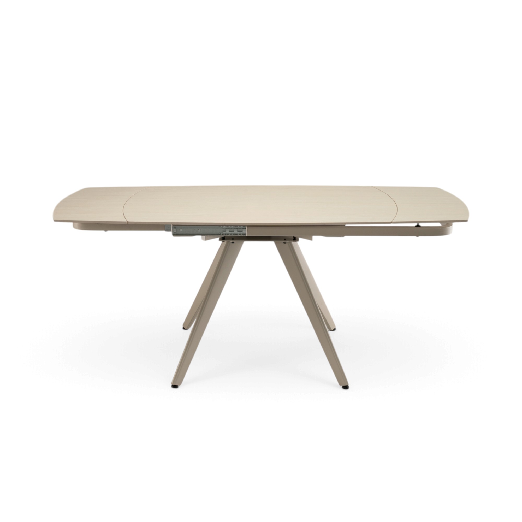 Tavolo LAVEZZI in ceramica, finitura effetto travertino e gambe in metallo beige, allungabile 120×80 – 180×80 cm