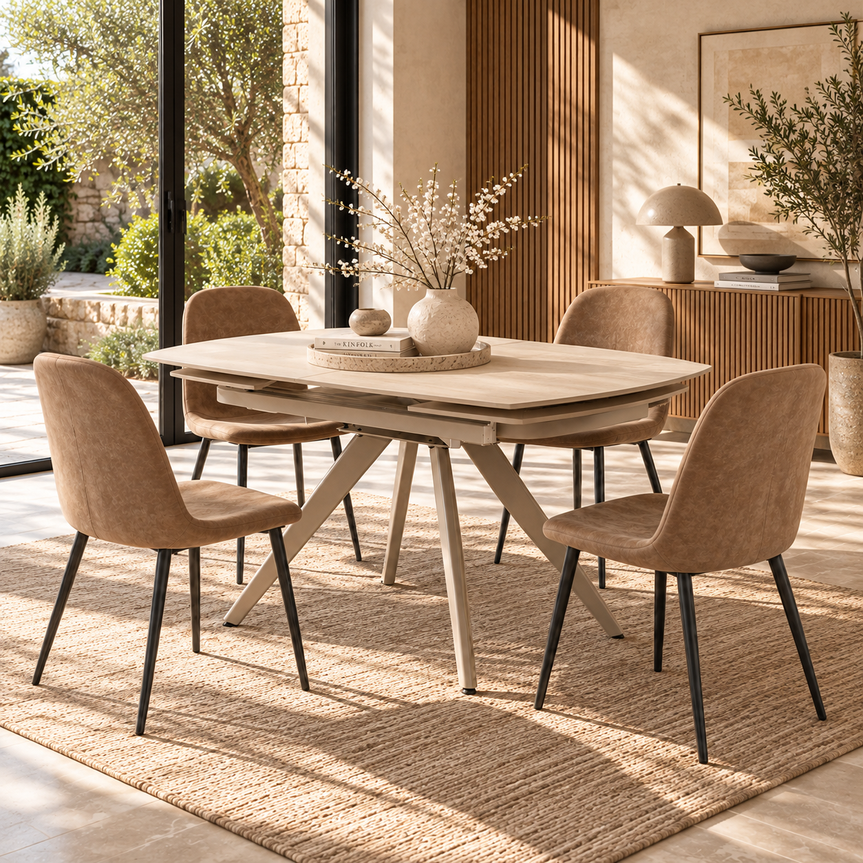 Tavolo LAVEZZI in ceramica, finitura effetto travertino e gambe in metallo beige, allungabile 120×80 – 180×80 cm