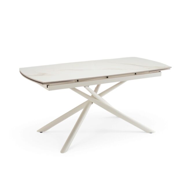 Tavolo BONIFACIO in ceramica,finitura effetto calacatta oro e gambe in metallo verniciato bianco, allungabile 160×80x76 cm – 220×80x76 cm