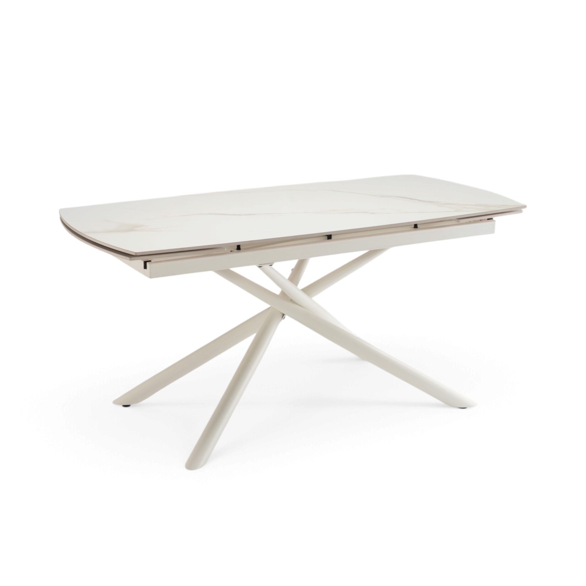 Tavolo BONIFACIO in ceramica,finitura effetto calacatta oro e gambe in metallo verniciato bianco, allungabile 160×80x76 cm – 220×80x76 cm