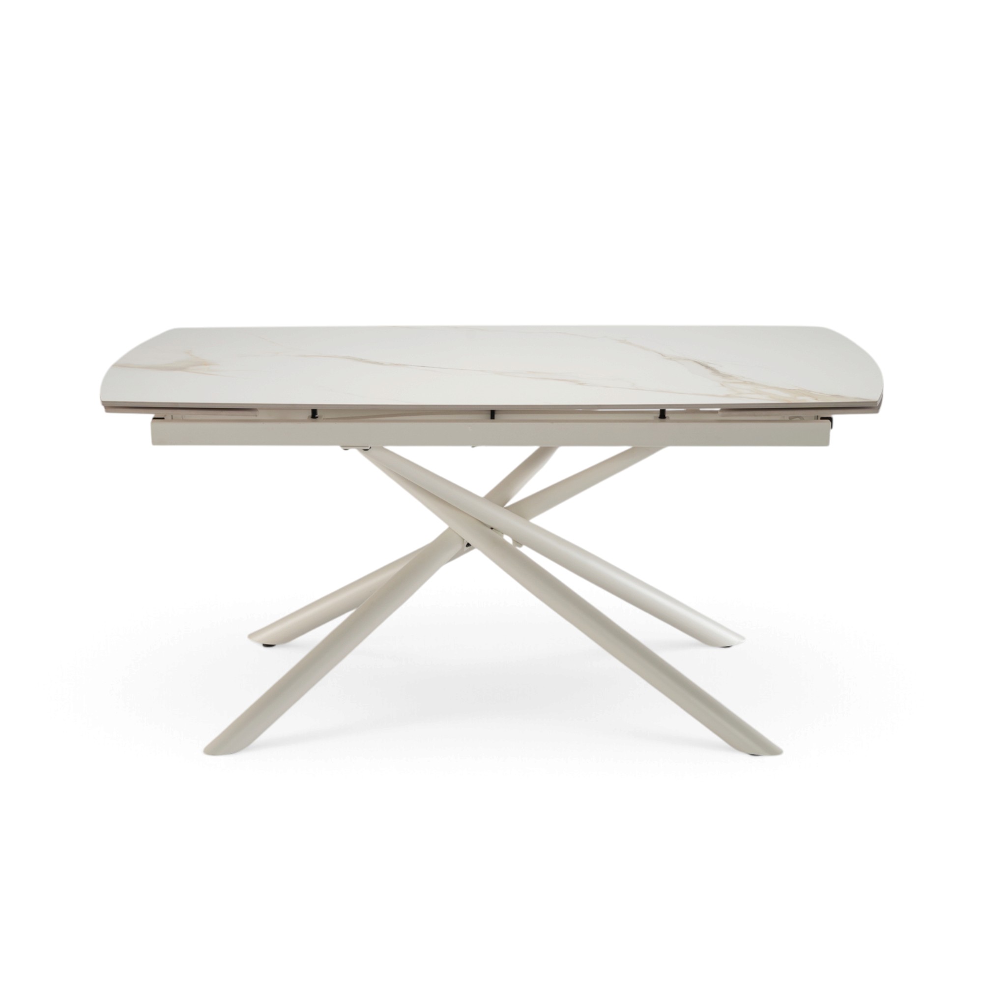 Tavolo BONIFACIO in ceramica,finitura effetto calacatta oro e gambe in metallo verniciato bianco, allungabile 160×80x76 cm – 220×80x76 cm