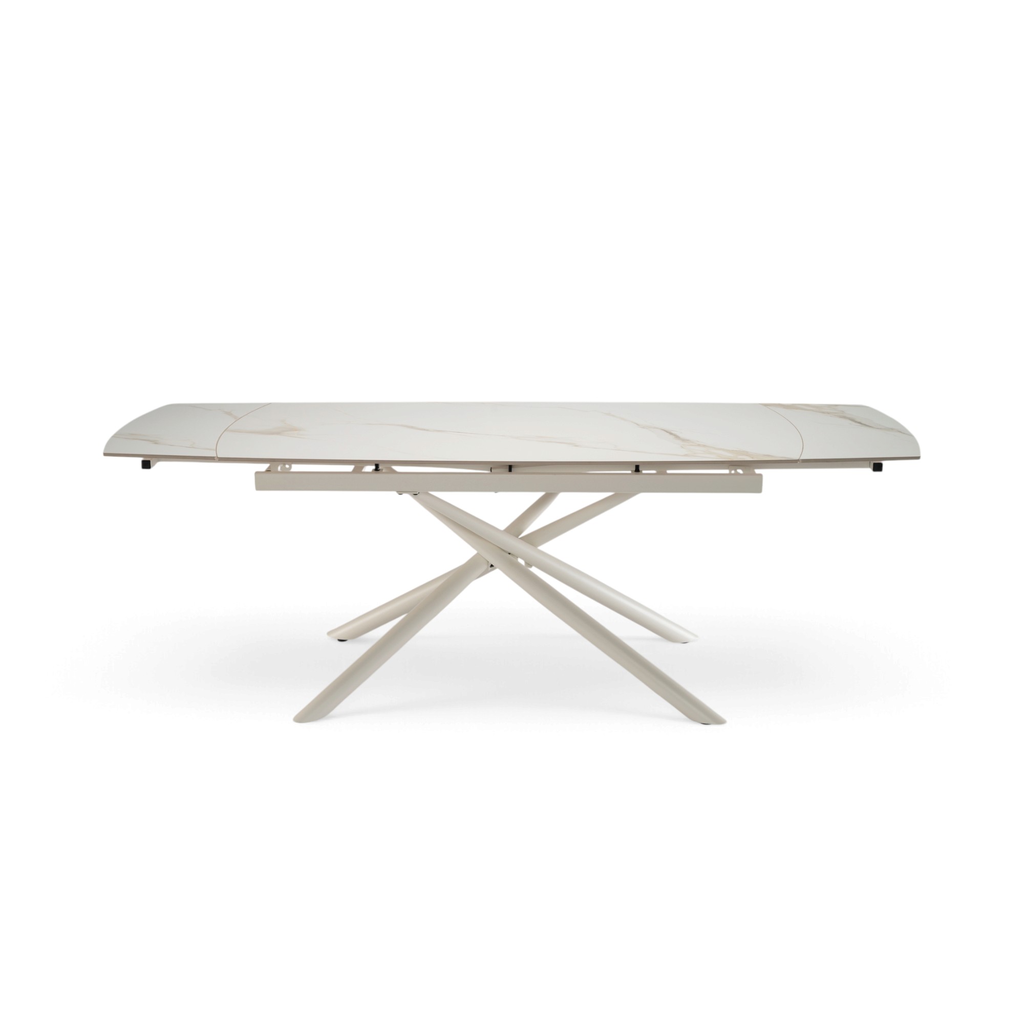 Tavolo BONIFACIO in ceramica,finitura effetto calacatta oro e gambe in metallo verniciato bianco, allungabile 160×80x76 cm – 220×80x76 cm