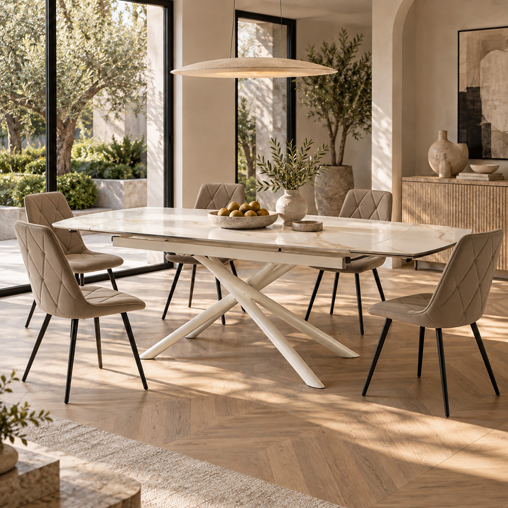 Tavolo BONIFACIO in ceramica,finitura effetto calacatta oro e gambe in metallo verniciato bianco, allungabile 160×80x76 cm – 220×80x76 cm