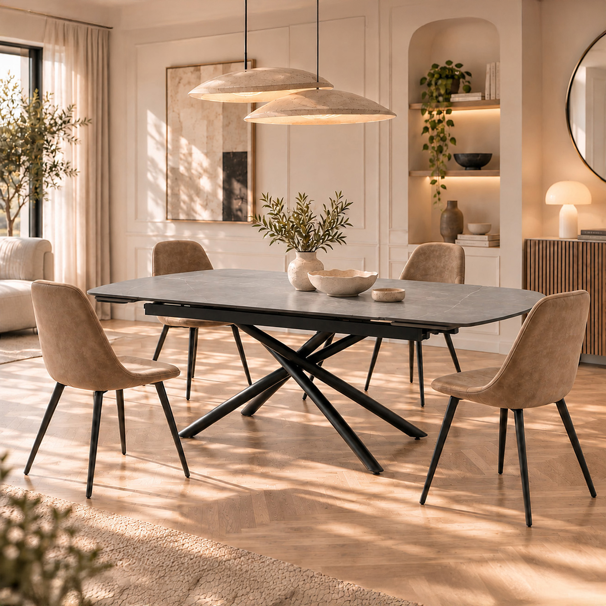 Tavolo BONIFACIO in ceramica,finitura effetto pietra grigio e gambe in metallo verniciato nero, allungabile 160×80x76 cm – 220×80x76 cm