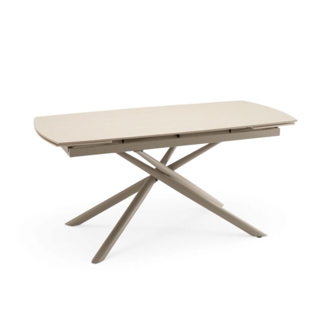 Tavolo BONIFACIO in ceramica,finitura effetto travertino e gambe in metallo verniciato beige, allungabile 160×80x76 cm – 220×80x76 cm