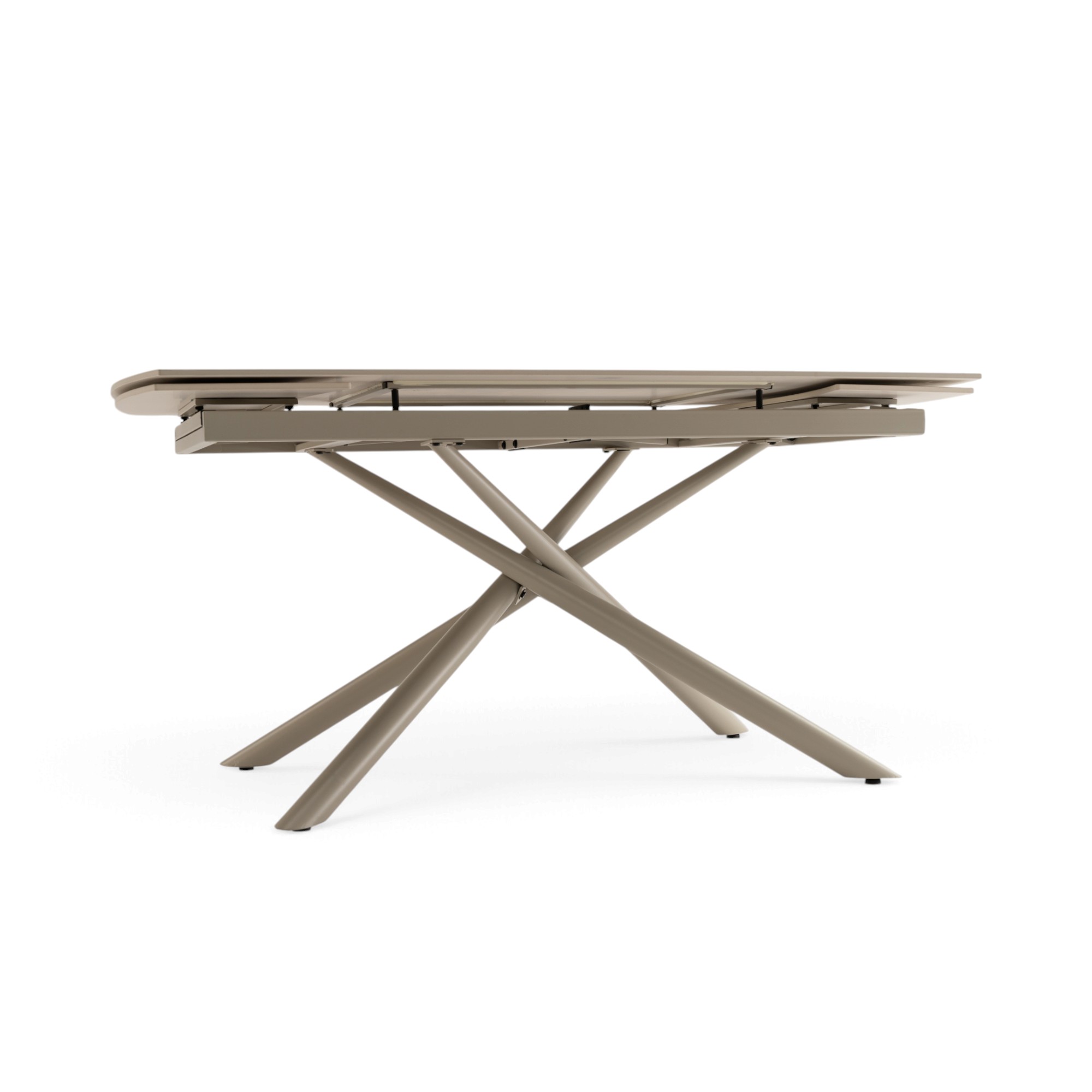 Tavolo BONIFACIO in ceramica,finitura effetto travertino e gambe in metallo verniciato beige, allungabile 160×80x76 cm – 220×80x76 cm