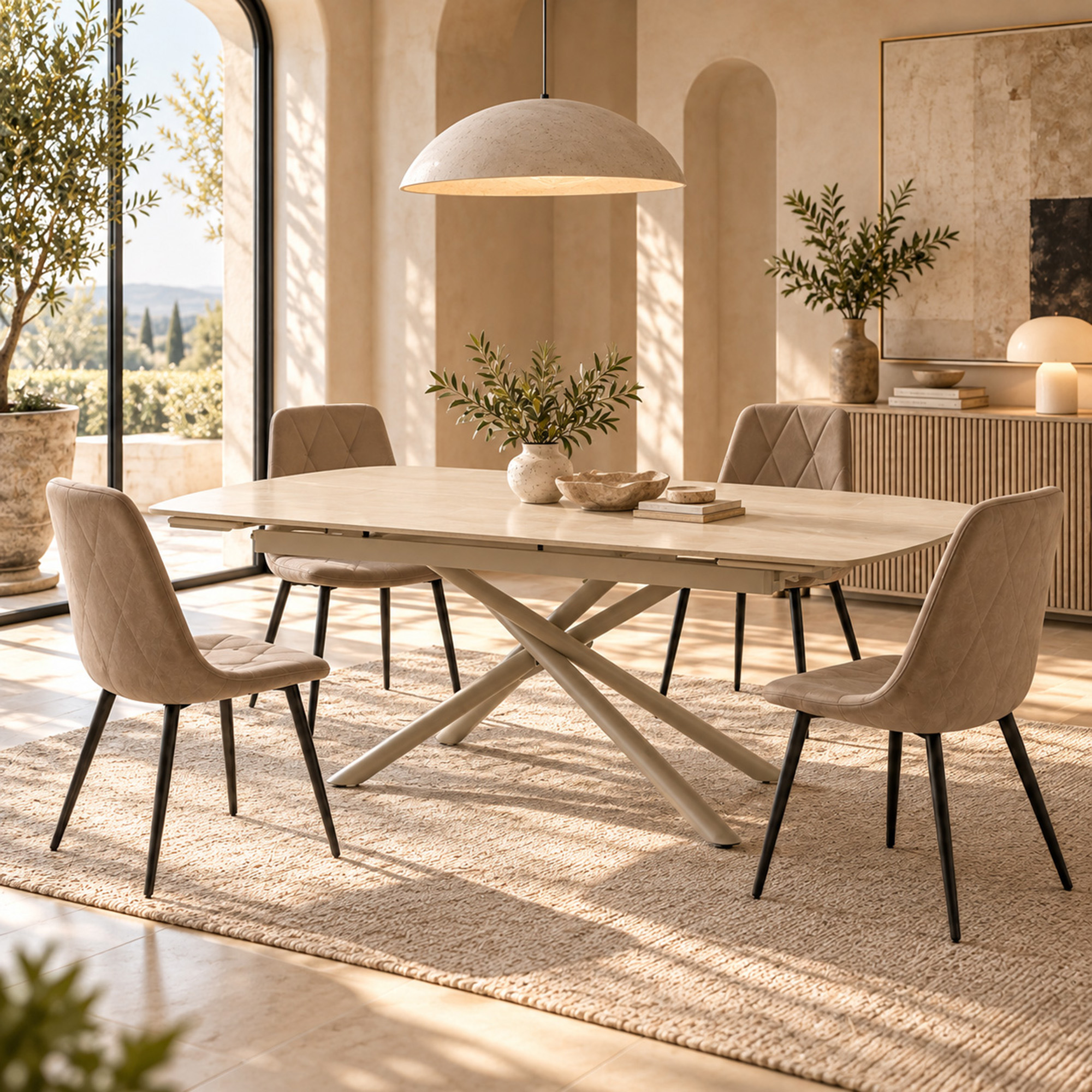 Tavolo BONIFACIO in ceramica,finitura effetto travertino e gambe in metallo verniciato beige, allungabile 160×80x76 cm – 220×80x76 cm