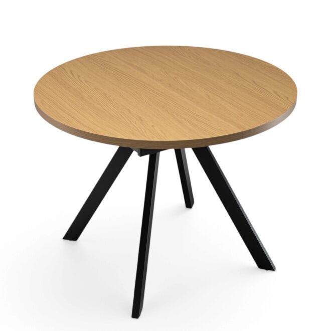 Tavolo ILE-ROUSSE in mdf con finitura melaminica effetto rovere naturale e base in metallo verniciato nero, allungabile Ø100X76 cm – 140x100X76 cm
