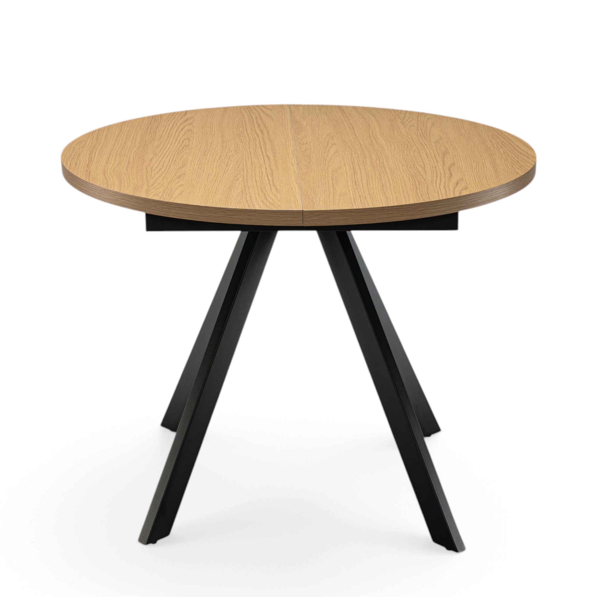 Tavolo ILE-ROUSSE in mdf con finitura melaminica effetto rovere naturale e base in metallo verniciato nero, allungabile Ø100X76 cm – 140x100X76 cm