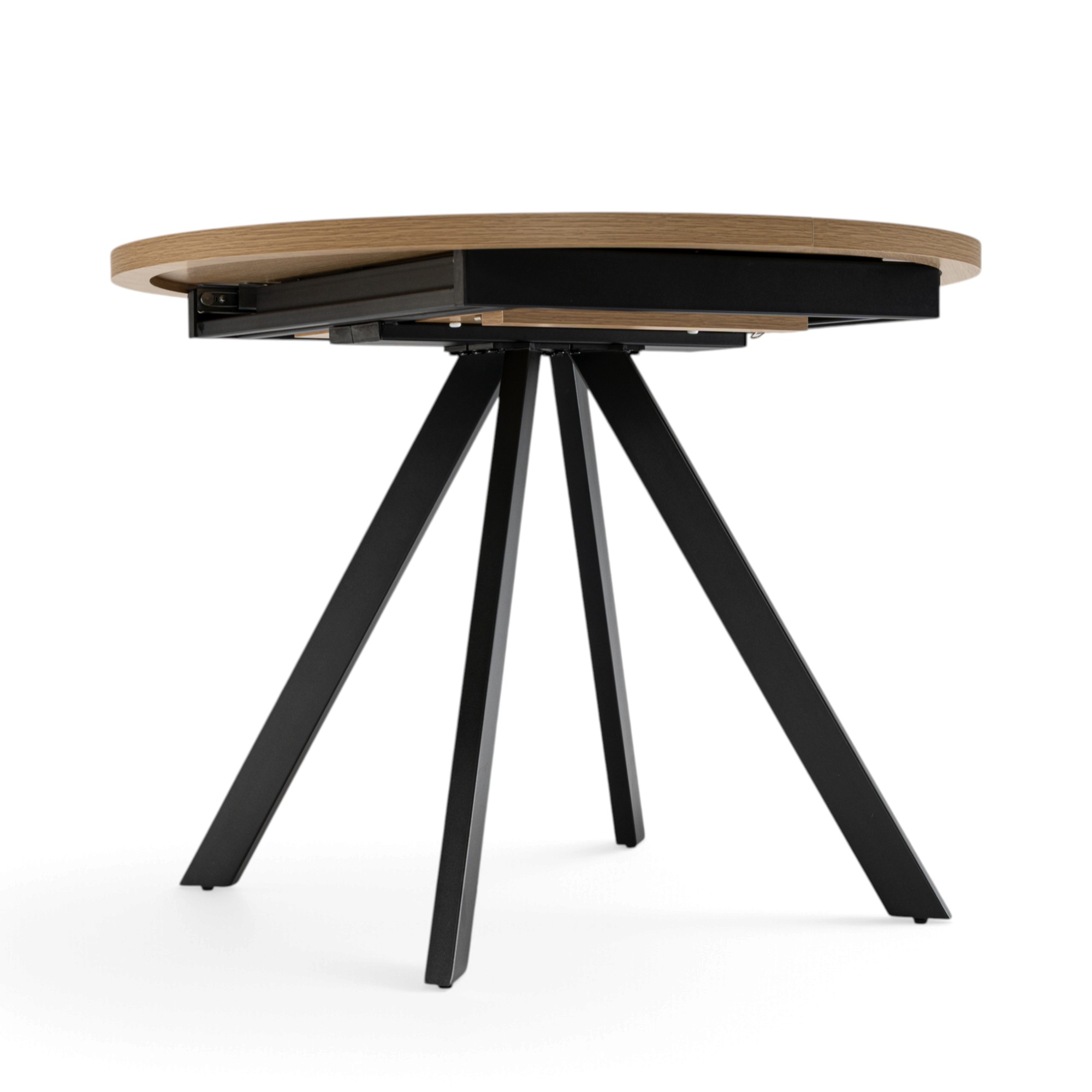 Tavolo ILE-ROUSSE in mdf con finitura melaminica effetto rovere naturale e base in metallo verniciato nero, allungabile Ø100X76 cm – 140x100X76 cm