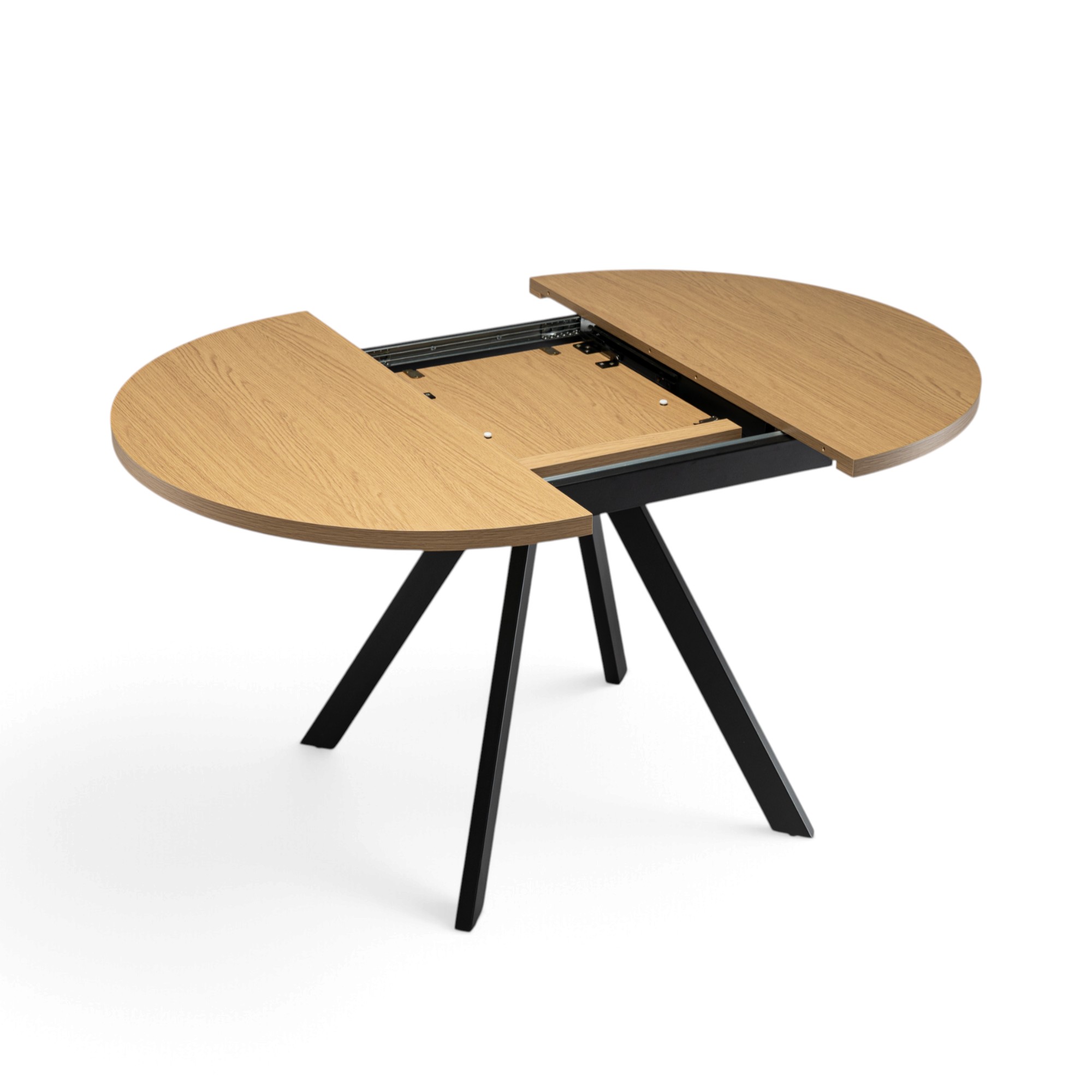 Tavolo ILE-ROUSSE in mdf con finitura melaminica effetto rovere naturale e base in metallo verniciato nero, allungabile Ø100X76 cm – 140x100X76 cm