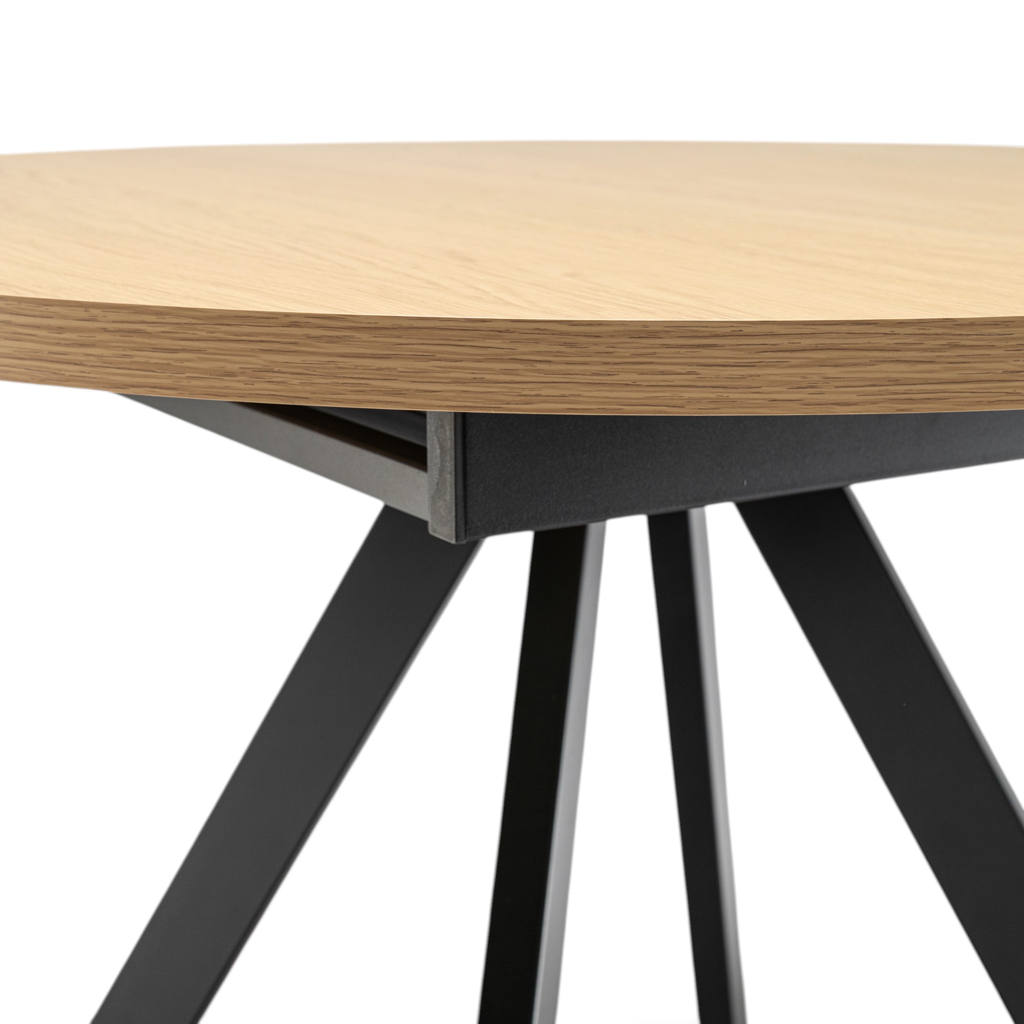Tavolo ILE-ROUSSE in mdf con finitura melaminica effetto rovere naturale e base in metallo verniciato nero, allungabile Ø100X76 cm – 140x100X76 cm