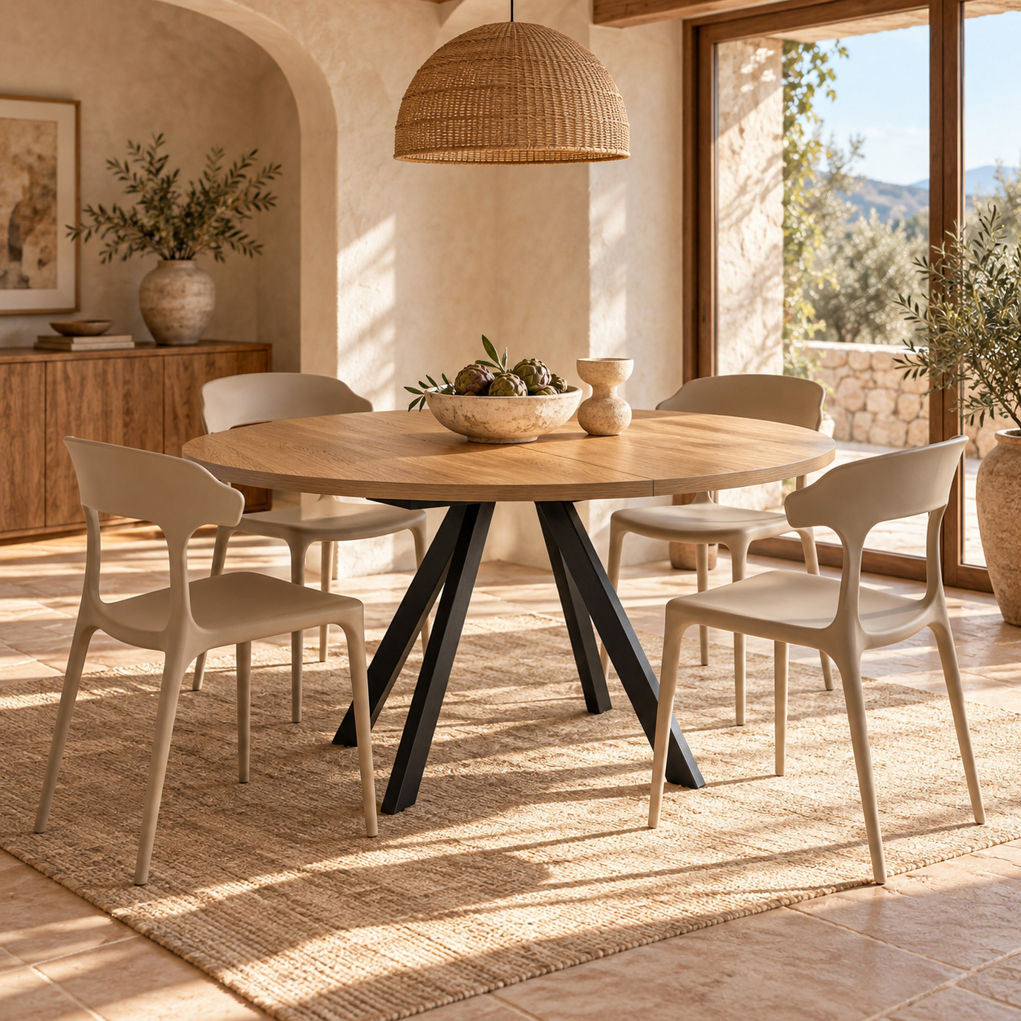 Tavolo ILE-ROUSSE in mdf con finitura melaminica effetto rovere naturale e base in metallo verniciato nero, allungabile Ø100X76 cm – 140x100X76 cm