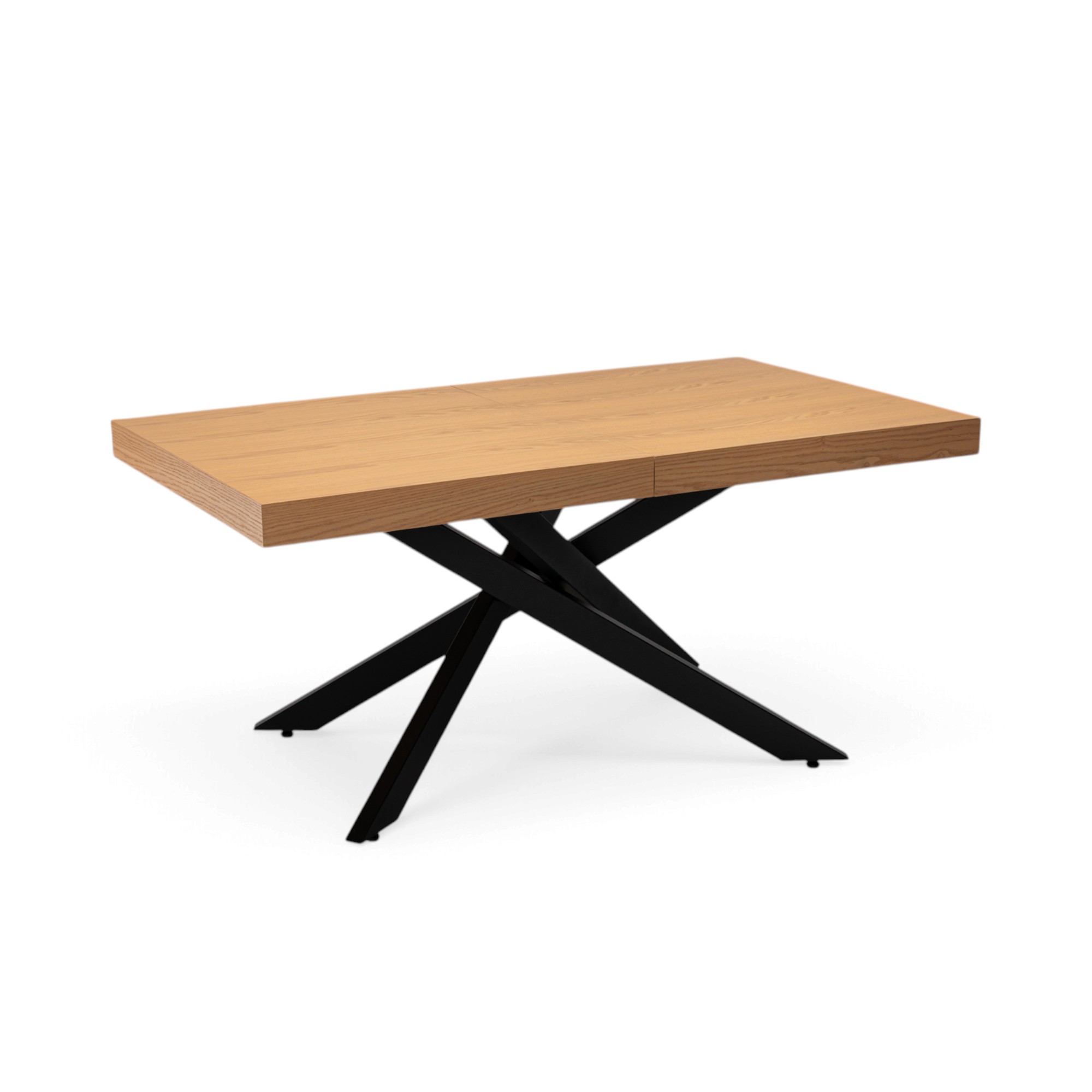 Tavolo FORTE DEI MARMI in legno impiallacciato rovere e gambe incrociate in metallo verniciato nero, allungabile 160×90x76 cm – 240×90x76 cm
