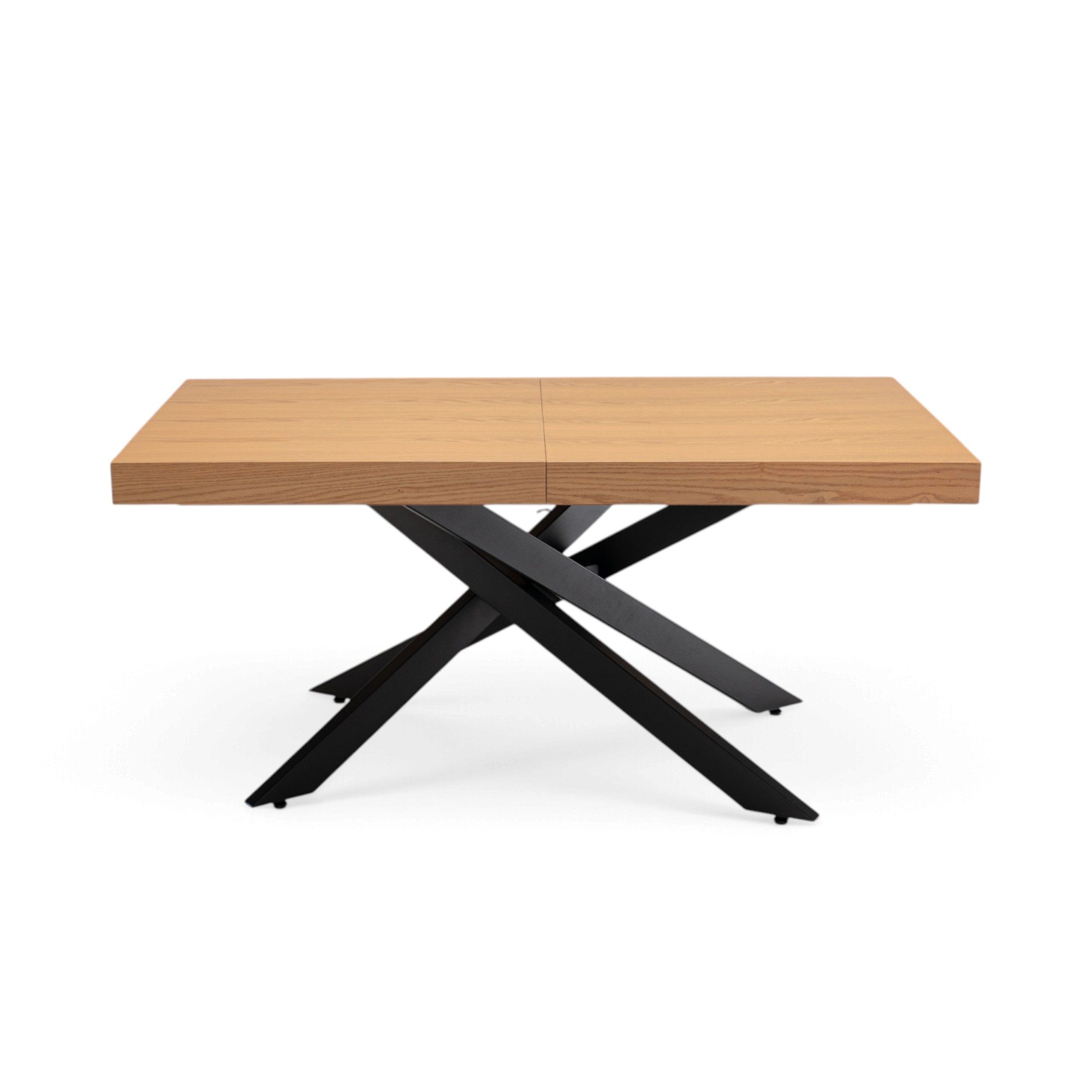 Tavolo FORTE DEI MARMI in legno impiallacciato rovere e gambe incrociate in metallo verniciato nero, allungabile 160×90x76 cm – 240×90x76 cm
