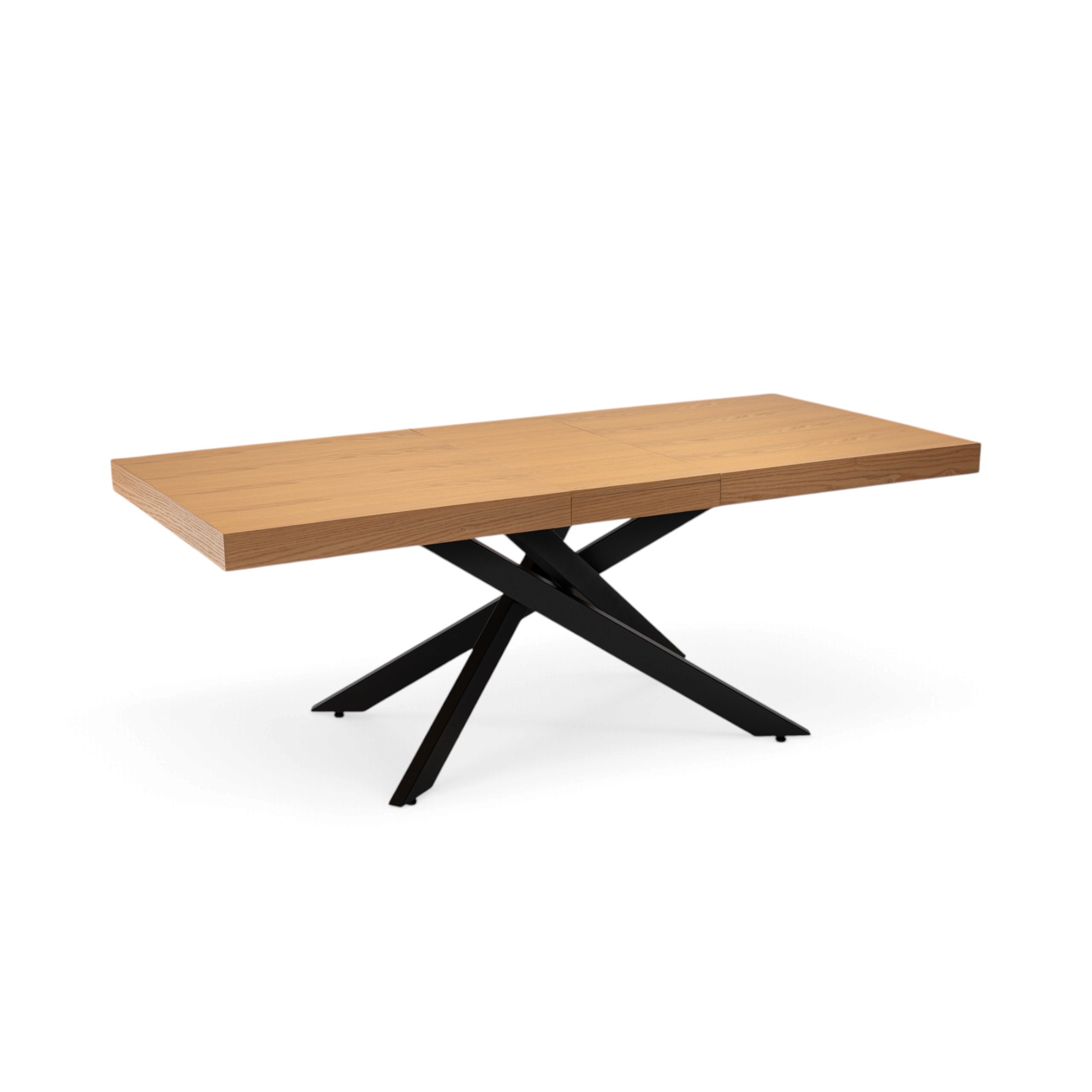 Tavolo FORTE DEI MARMI in legno impiallacciato rovere e gambe incrociate in metallo verniciato nero, allungabile 160×90x76 cm – 240×90x76 cm