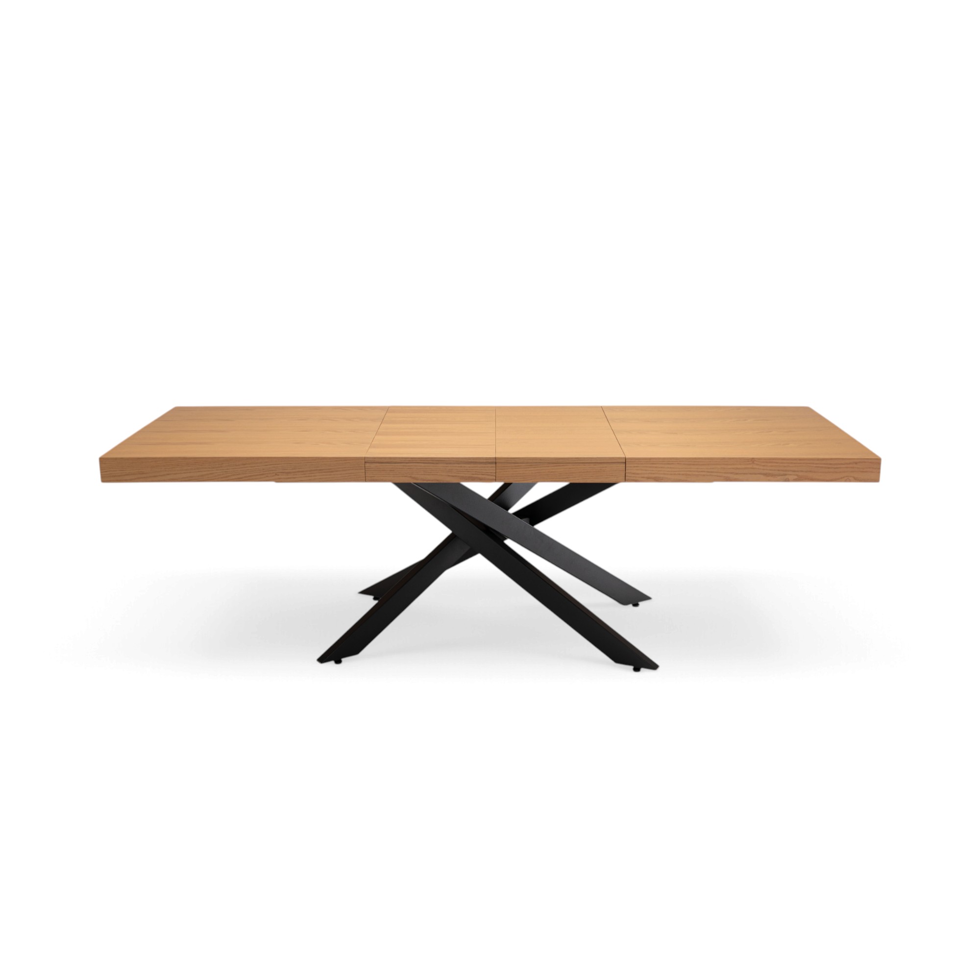 Tavolo FORTE DEI MARMI in legno impiallacciato rovere e gambe incrociate in metallo verniciato nero, allungabile 160×90x76 cm – 240×90x76 cm