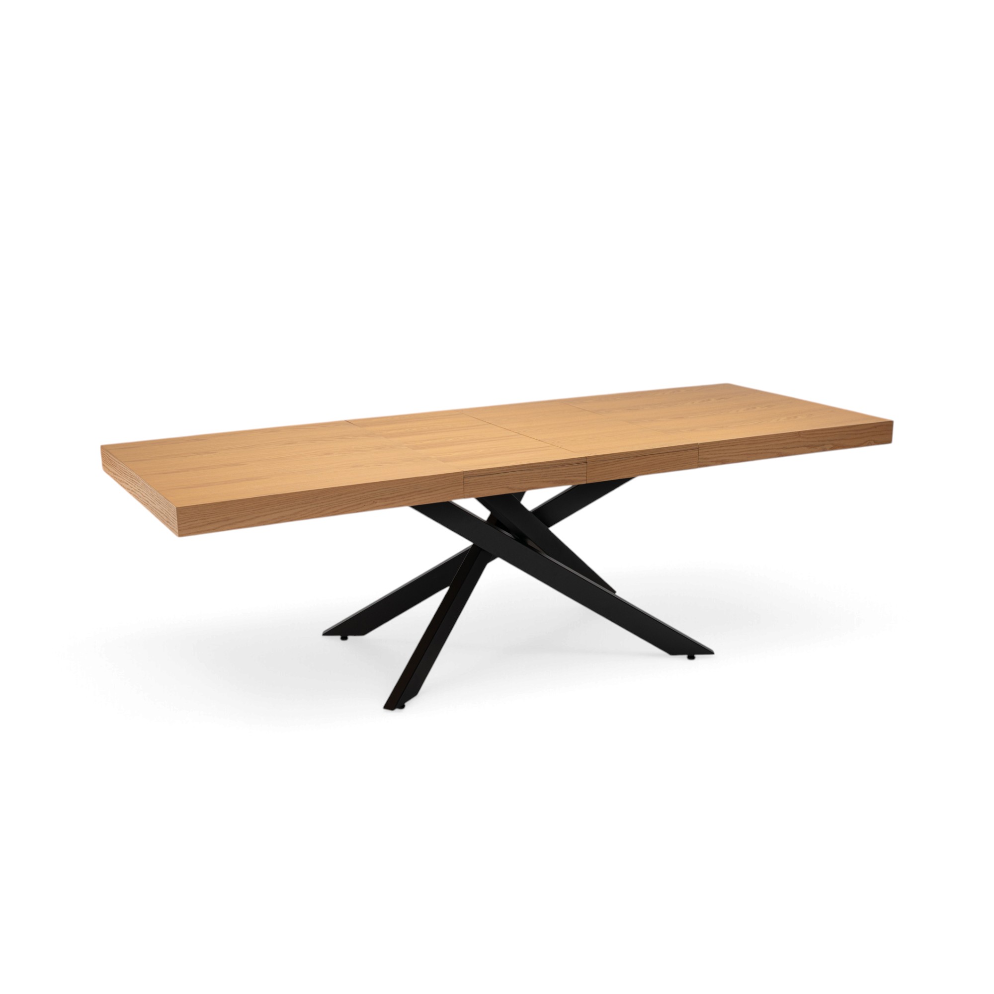 Tavolo FORTE DEI MARMI in legno impiallacciato rovere e gambe incrociate in metallo verniciato nero, allungabile 160×90x76 cm – 240×90x76 cm