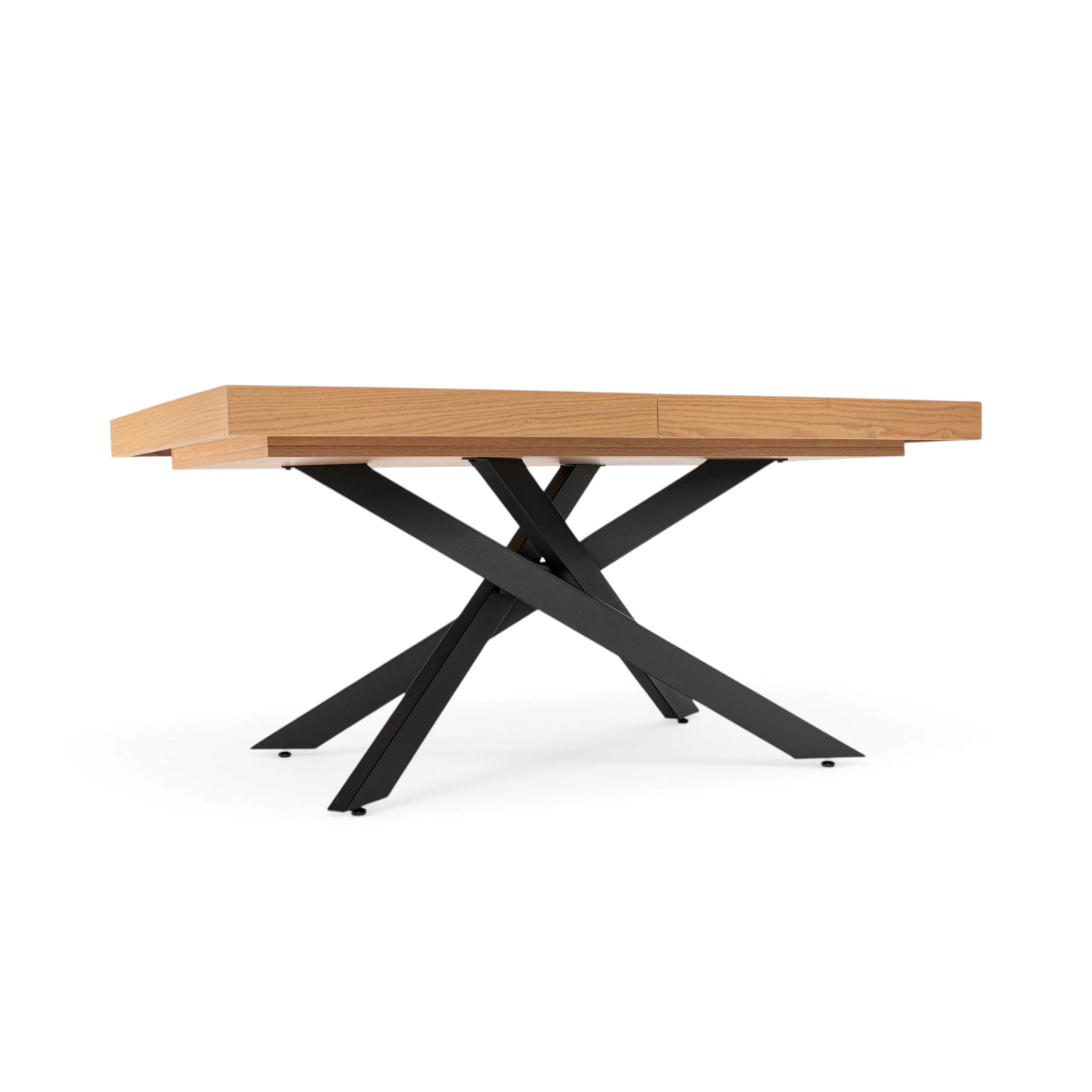 Tavolo FORTE DEI MARMI in legno impiallacciato rovere e gambe incrociate in metallo verniciato nero, allungabile 160×90x76 cm – 240×90x76 cm