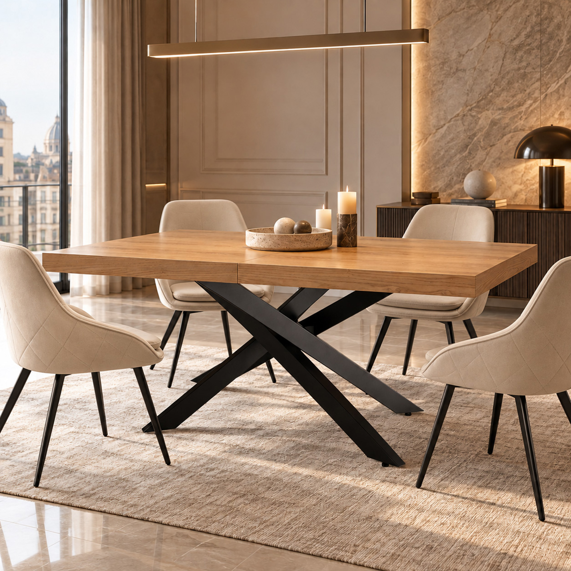 Tavolo FORTE DEI MARMI in legno impiallacciato rovere e gambe incrociate in metallo verniciato nero, allungabile 160×90x76 cm – 240×90x76 cm